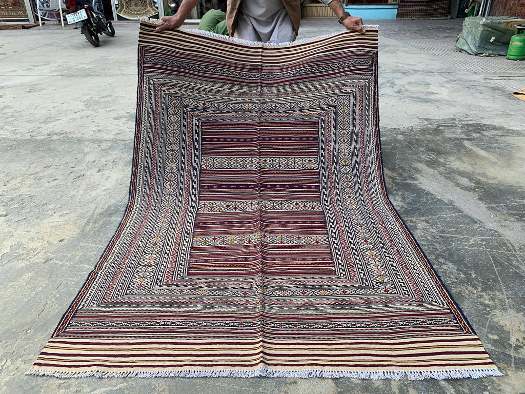 4x6 ft Handwoven Afghan Kilim Rug – Tribal Wool Flatweave Carpet, Cream & Burgundy Geometric Pattern, Boho Nomadic Area Rug, Ethnic Decor