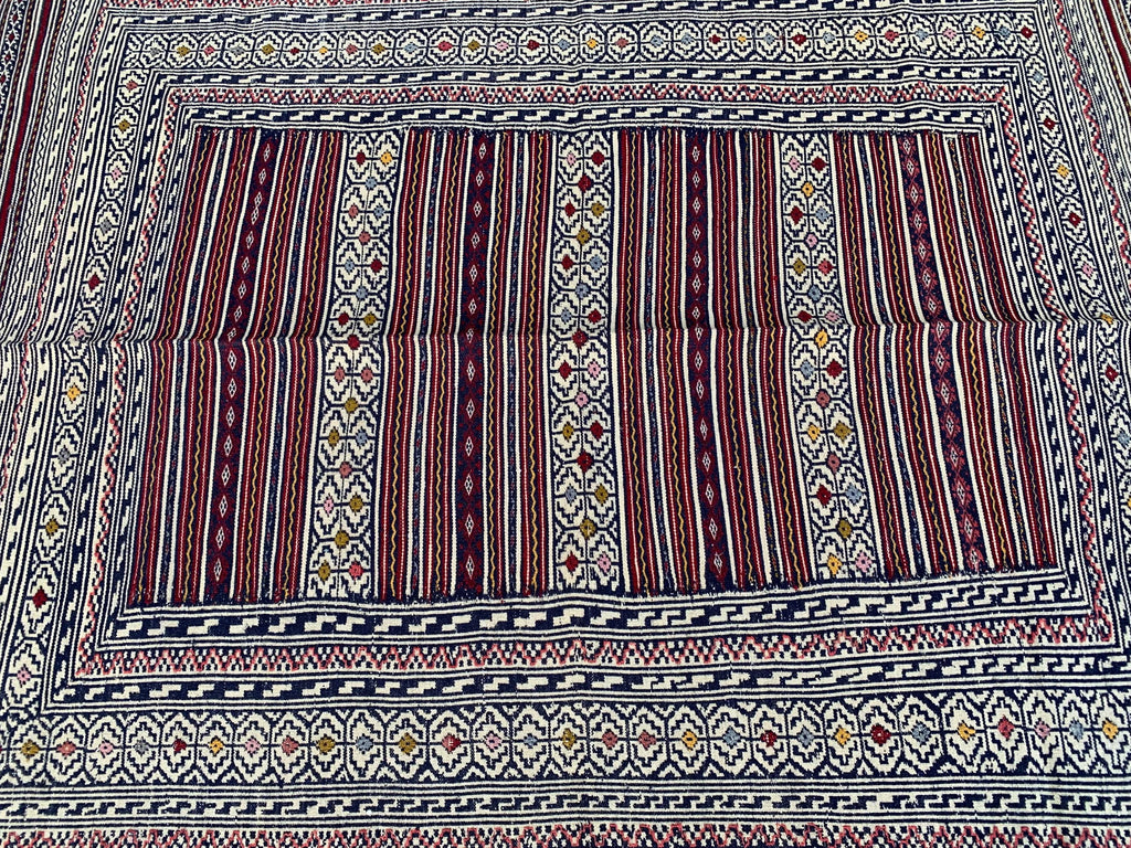 4x6 ft Handwoven Afghan Kilim Rug – Tribal Wool Flatweave Carpet, Cream & Burgundy Geometric Pattern, Boho Nomadic Area Rug, Ethnic Decor