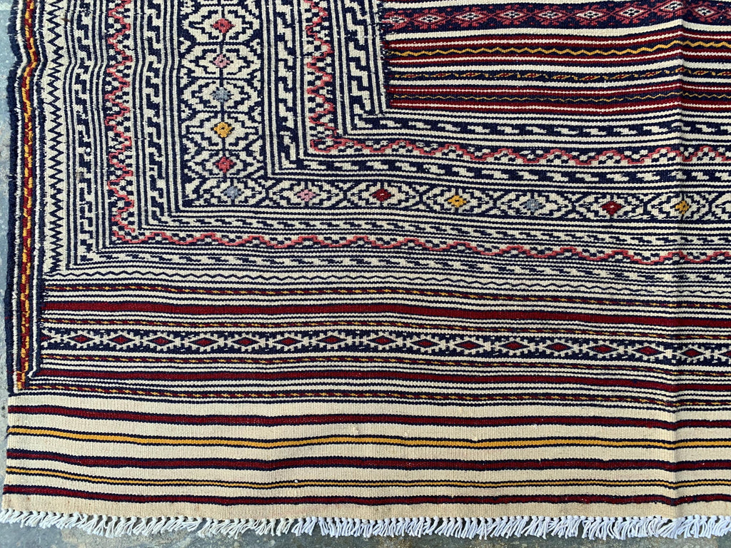 4x6 ft Handwoven Afghan Kilim Rug – Tribal Wool Flatweave Carpet, Cream & Burgundy Geometric Pattern, Boho Nomadic Area Rug, Ethnic Decor