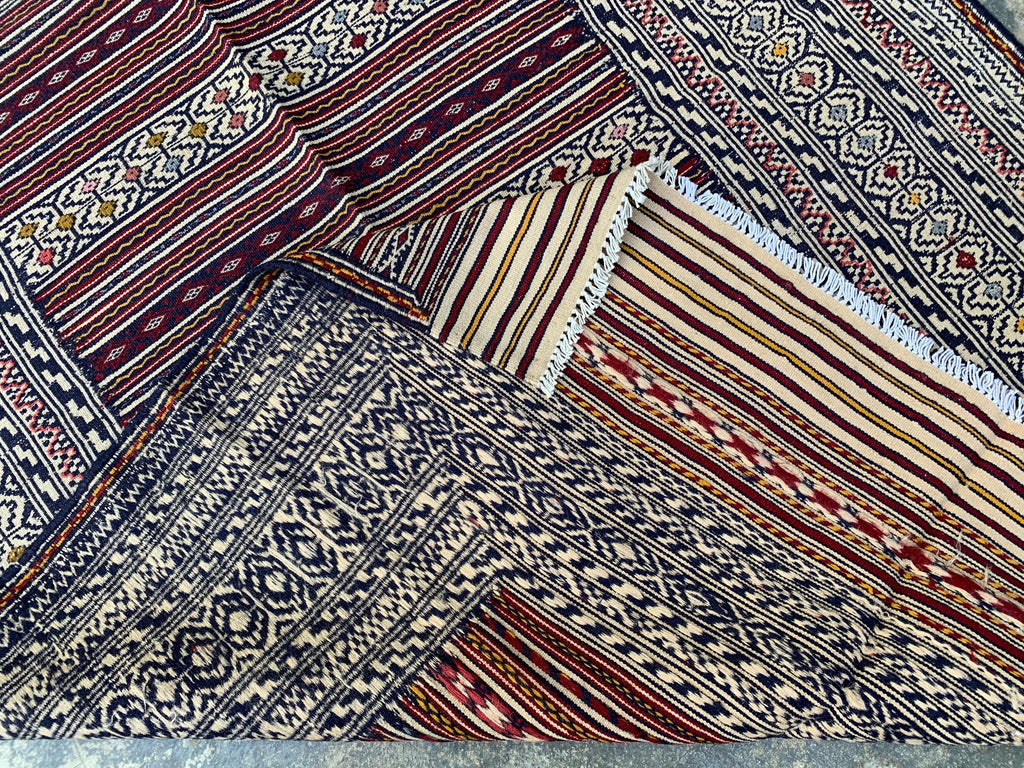 4x6 ft Handwoven Afghan Kilim Rug – Tribal Wool Flatweave Carpet, Cream & Burgundy Geometric Pattern, Boho Nomadic Area Rug, Ethnic Decor