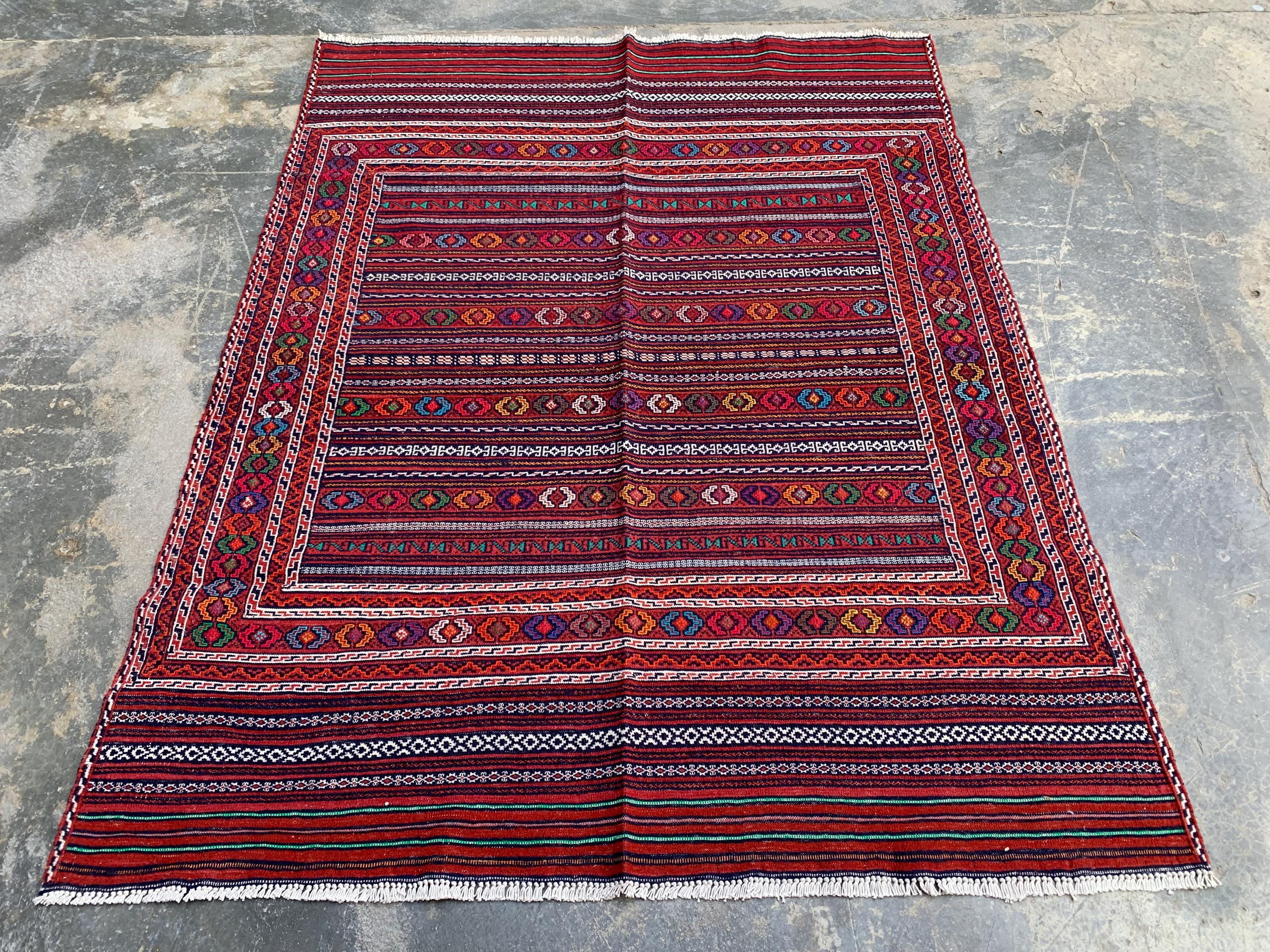 Afghan Kilim Rug 4x6ft – Handwoven Wool Tribal Carpet, Red Geometric Flatweave, Boho Nomadic Floor Mat, Vintage Ethnic Home Decor 184x140 cm