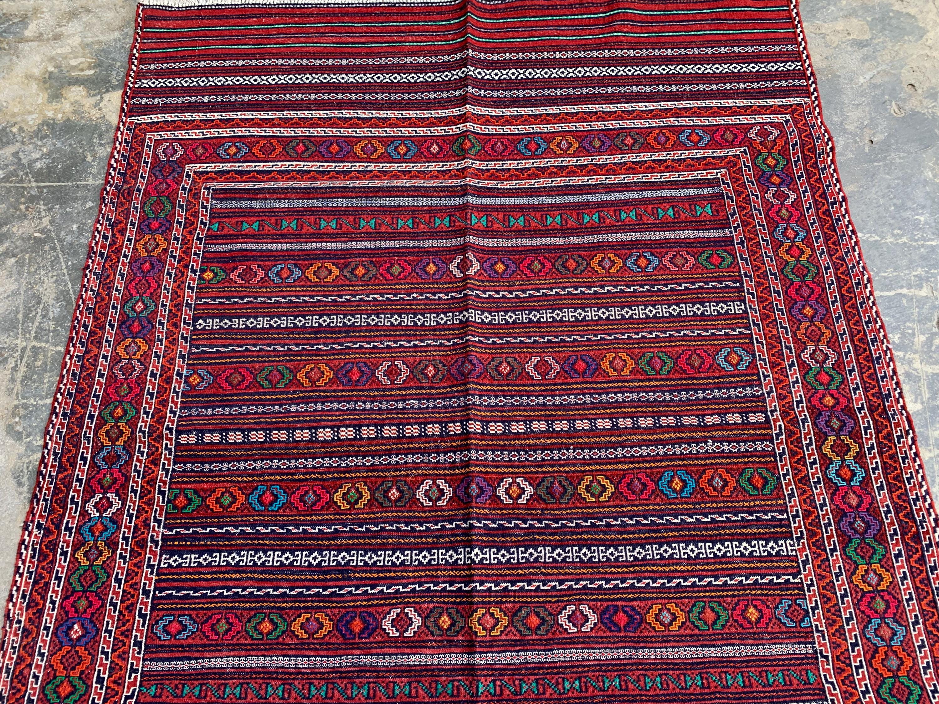 Afghan Kilim Rug 4x6ft – Handwoven Wool Tribal Carpet, Red Geometric Flatweave, Boho Nomadic Floor Mat, Vintage Ethnic Home Decor 184x140 cm