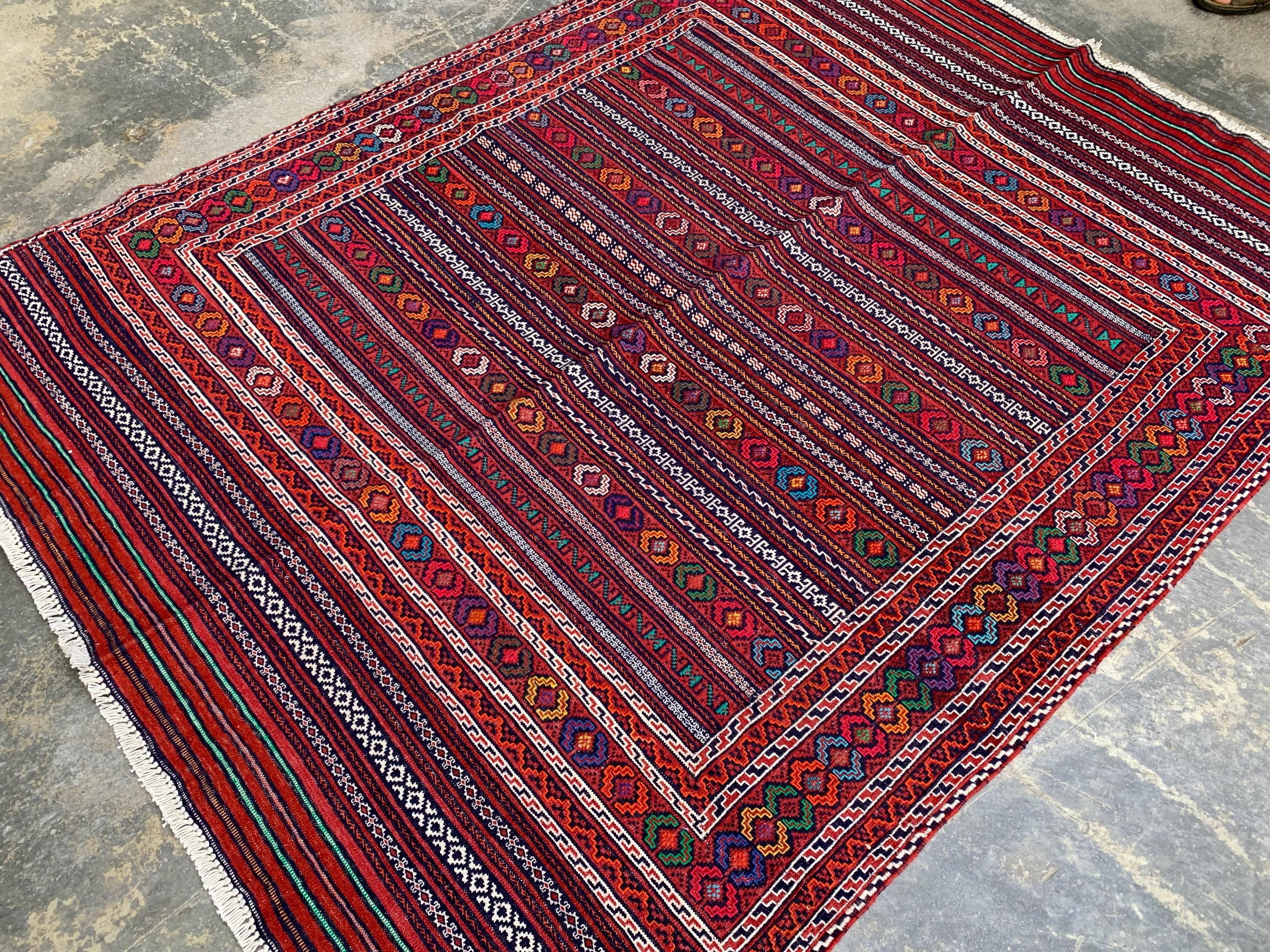 Afghan Kilim Rug 4x6ft – Handwoven Wool Tribal Carpet, Red Geometric Flatweave, Boho Nomadic Floor Mat, Vintage Ethnic Home Decor 184x140 cm