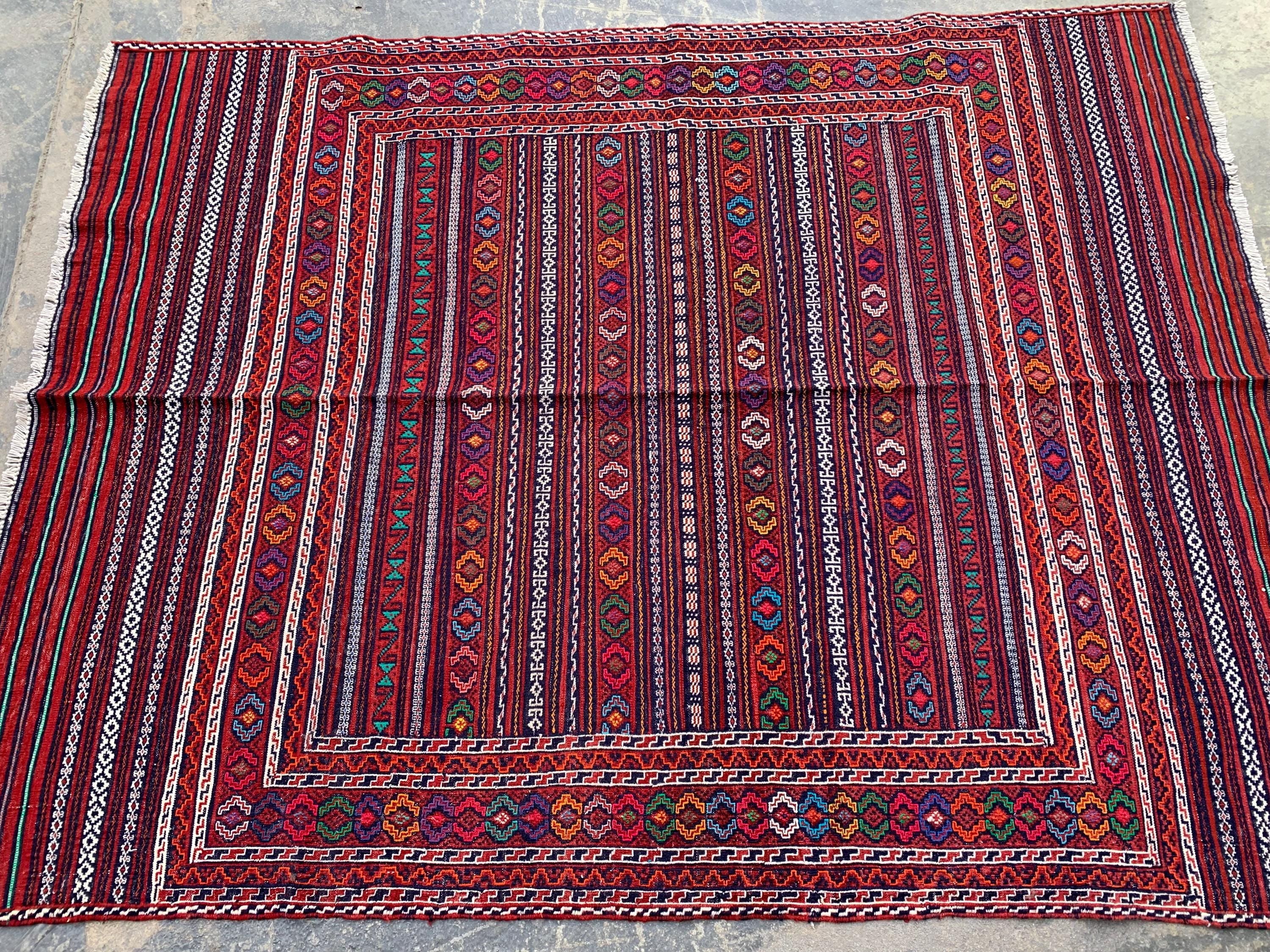 Afghan Kilim Rug 4x6ft – Handwoven Wool Tribal Carpet, Red Geometric Flatweave, Boho Nomadic Floor Mat, Vintage Ethnic Home Decor 184x140 cm