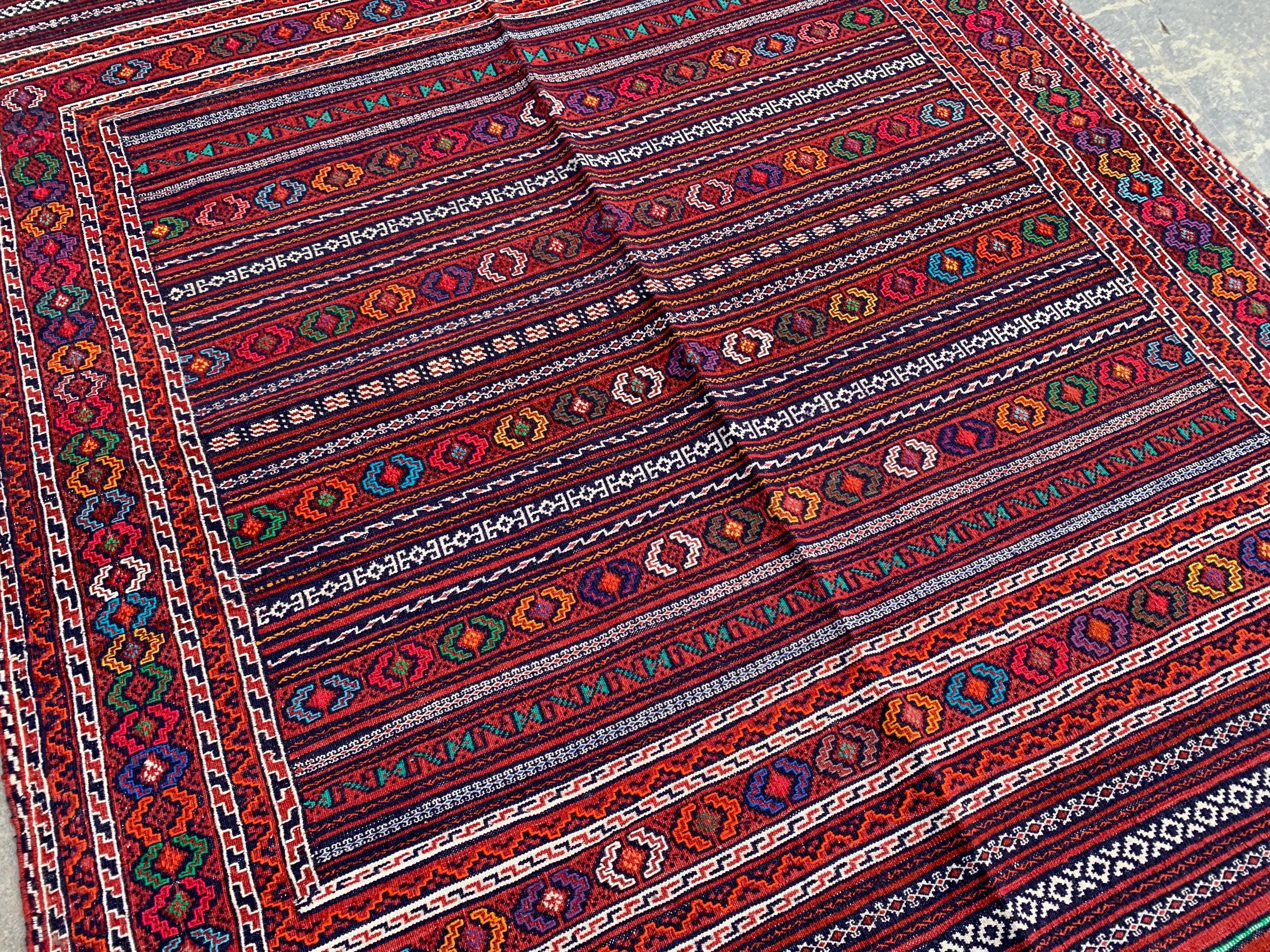 Afghan Kilim Rug 4x6ft – Handwoven Wool Tribal Carpet, Red Geometric Flatweave, Boho Nomadic Floor Mat, Vintage Ethnic Home Decor 184x140 cm