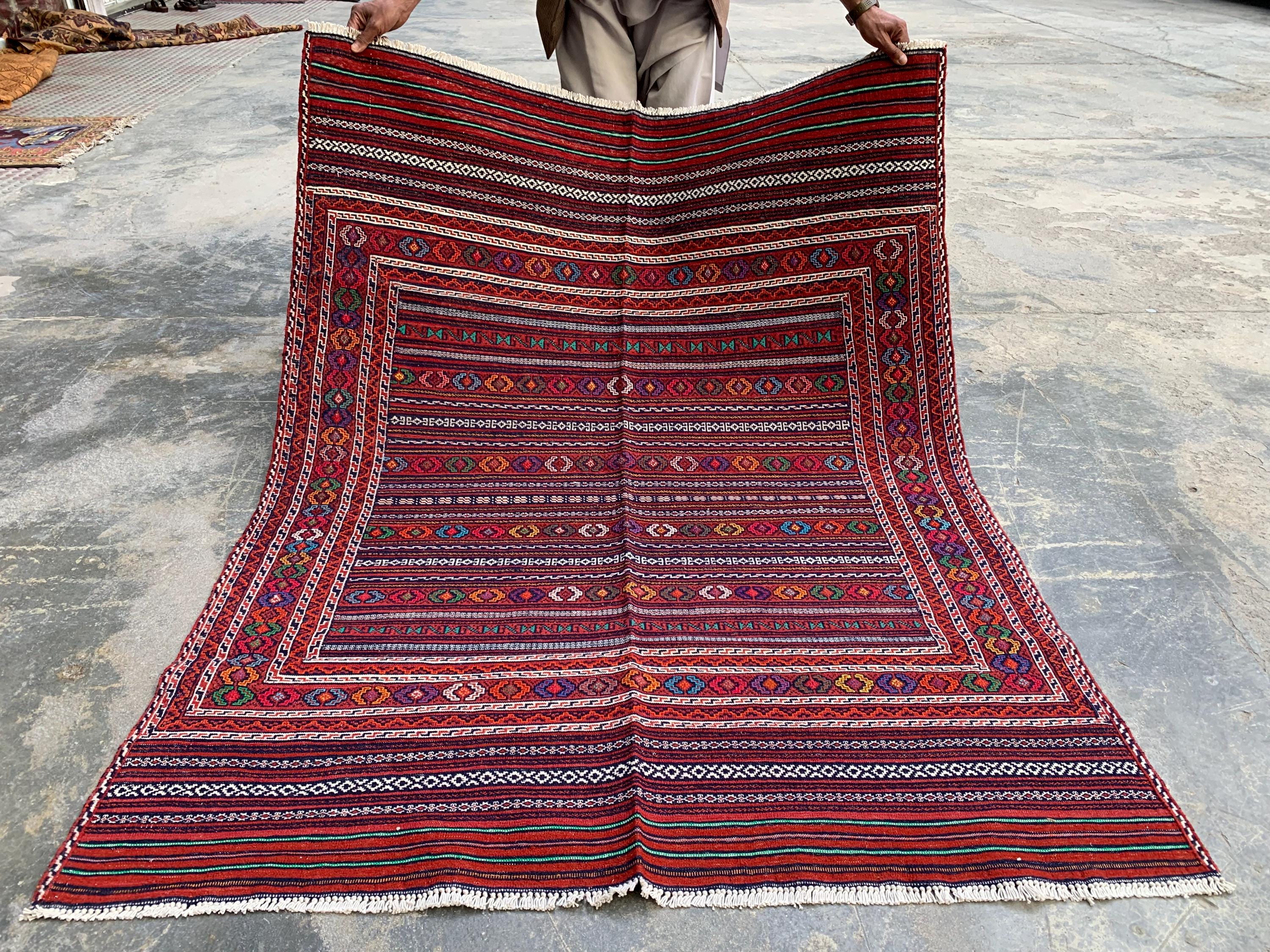 Afghan Kilim Rug 4x6ft – Handwoven Wool Tribal Carpet, Red Geometric Flatweave, Boho Nomadic Floor Mat, Vintage Ethnic Home Decor 184x140 cm