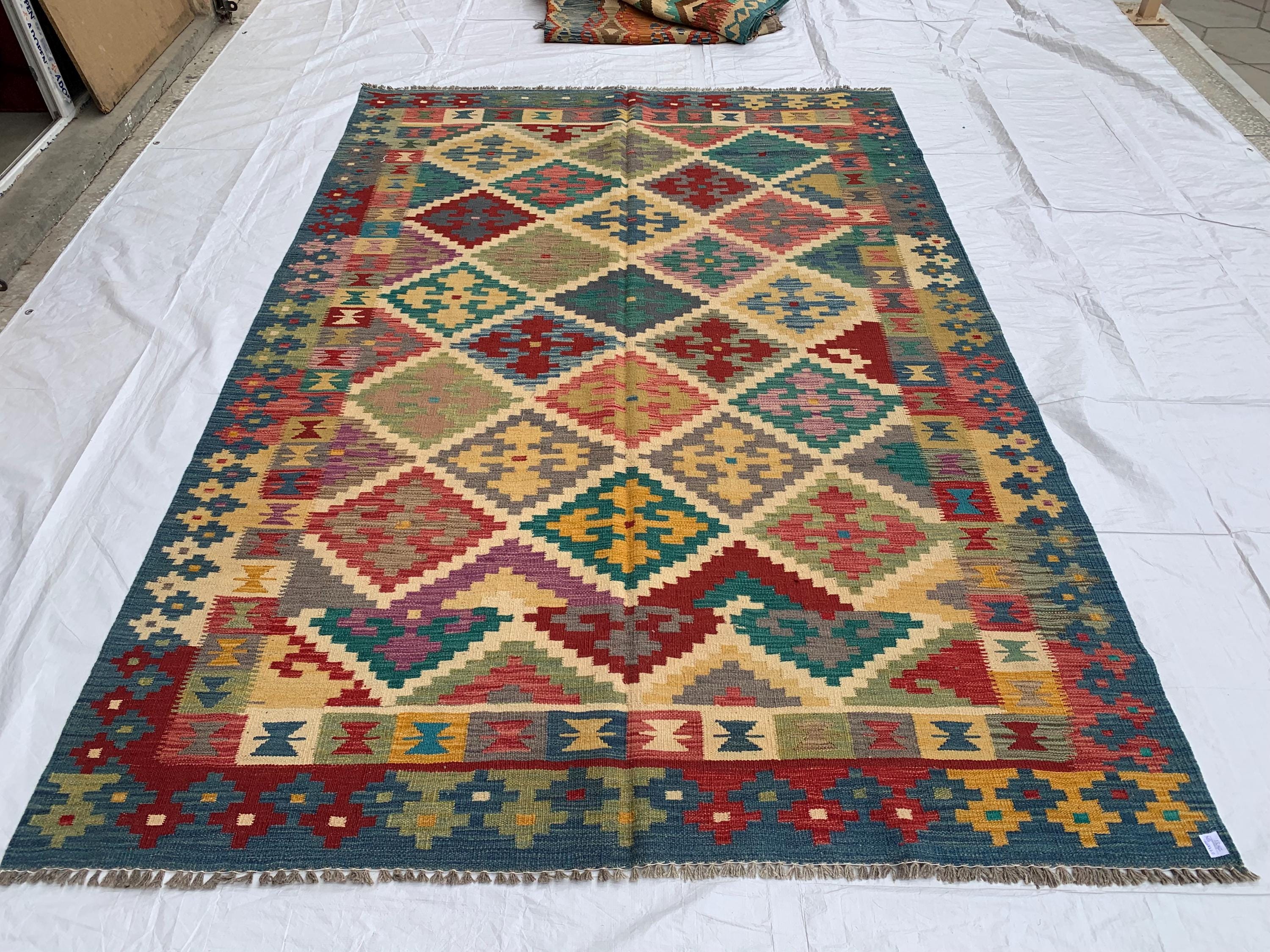 6x10ft, Chobi Kilim Multicolor Rug – Large Handwoven Wool Area Rug, Tribal Afghan Flatweave Carpet, Boho Living Room Floor Decor 294x199 cm