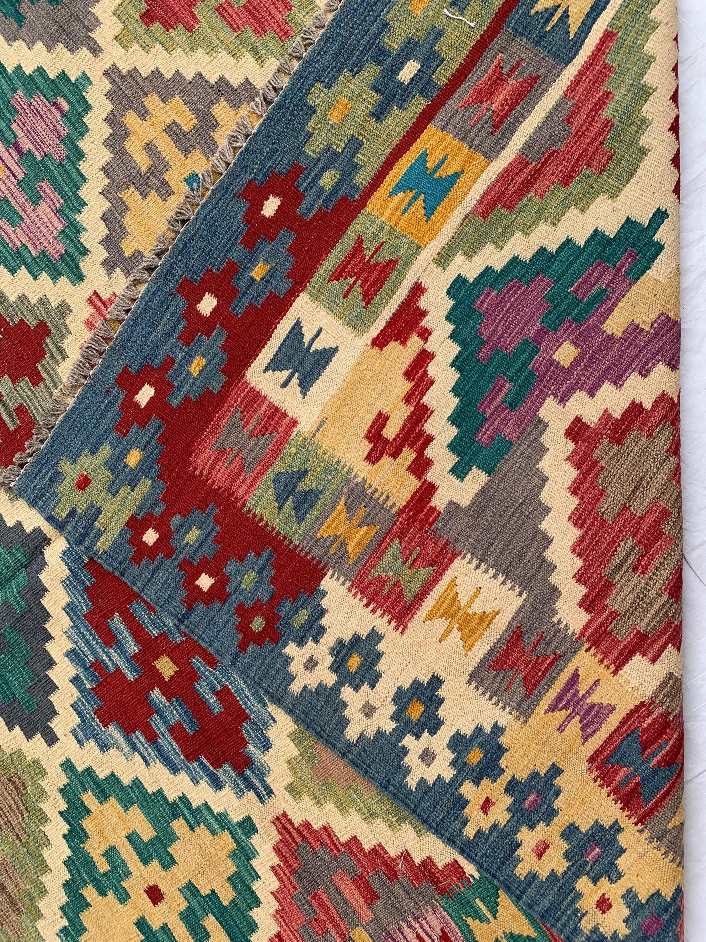 6x10ft, Chobi Kilim Multicolor Rug – Large Handwoven Wool Area Rug, Tribal Afghan Flatweave Carpet, Boho Living Room Floor Decor 294x199 cm