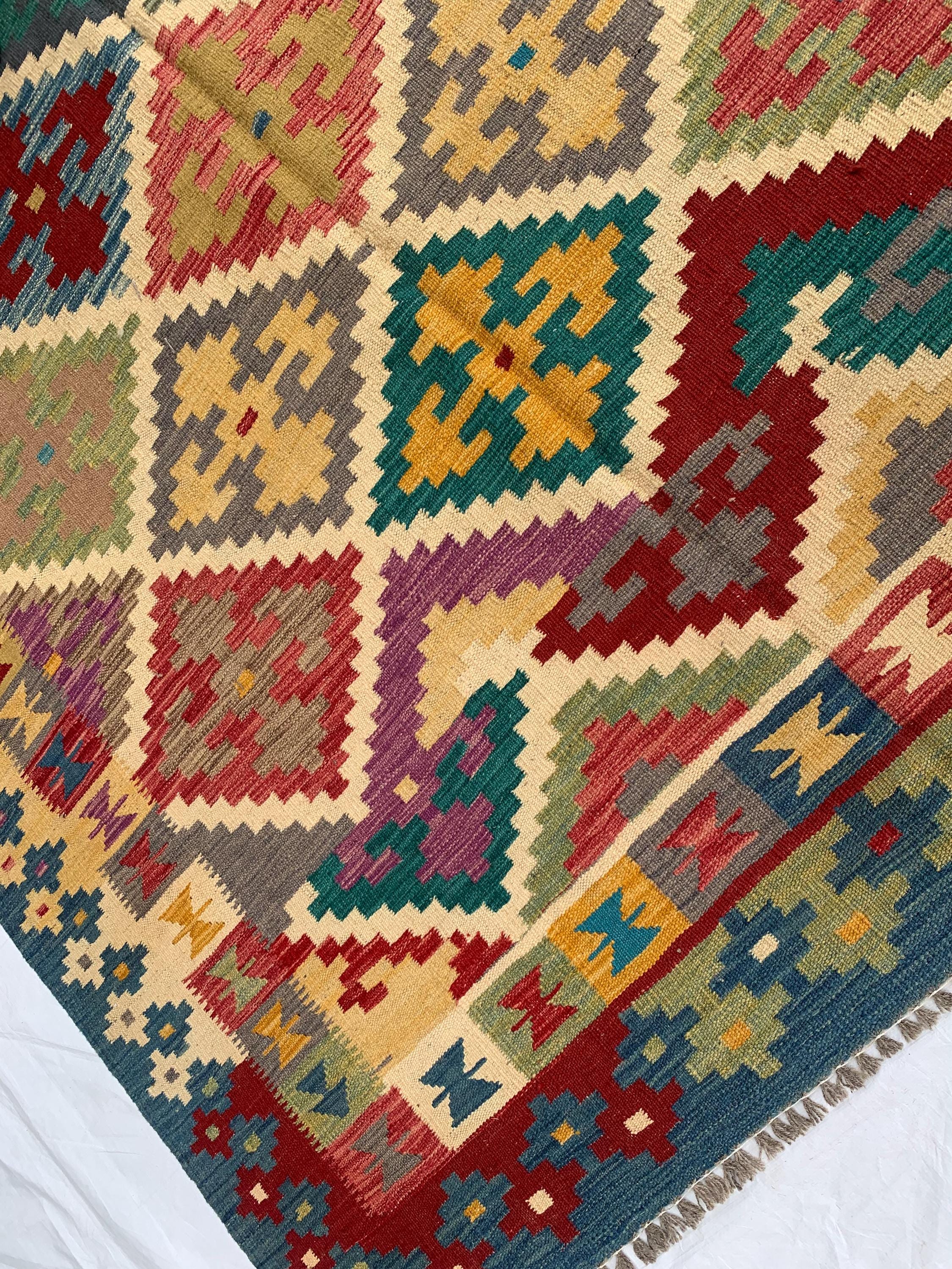 6x10ft, Chobi Kilim Multicolor Rug – Large Handwoven Wool Area Rug, Tribal Afghan Flatweave Carpet, Boho Living Room Floor Decor 294x199 cm