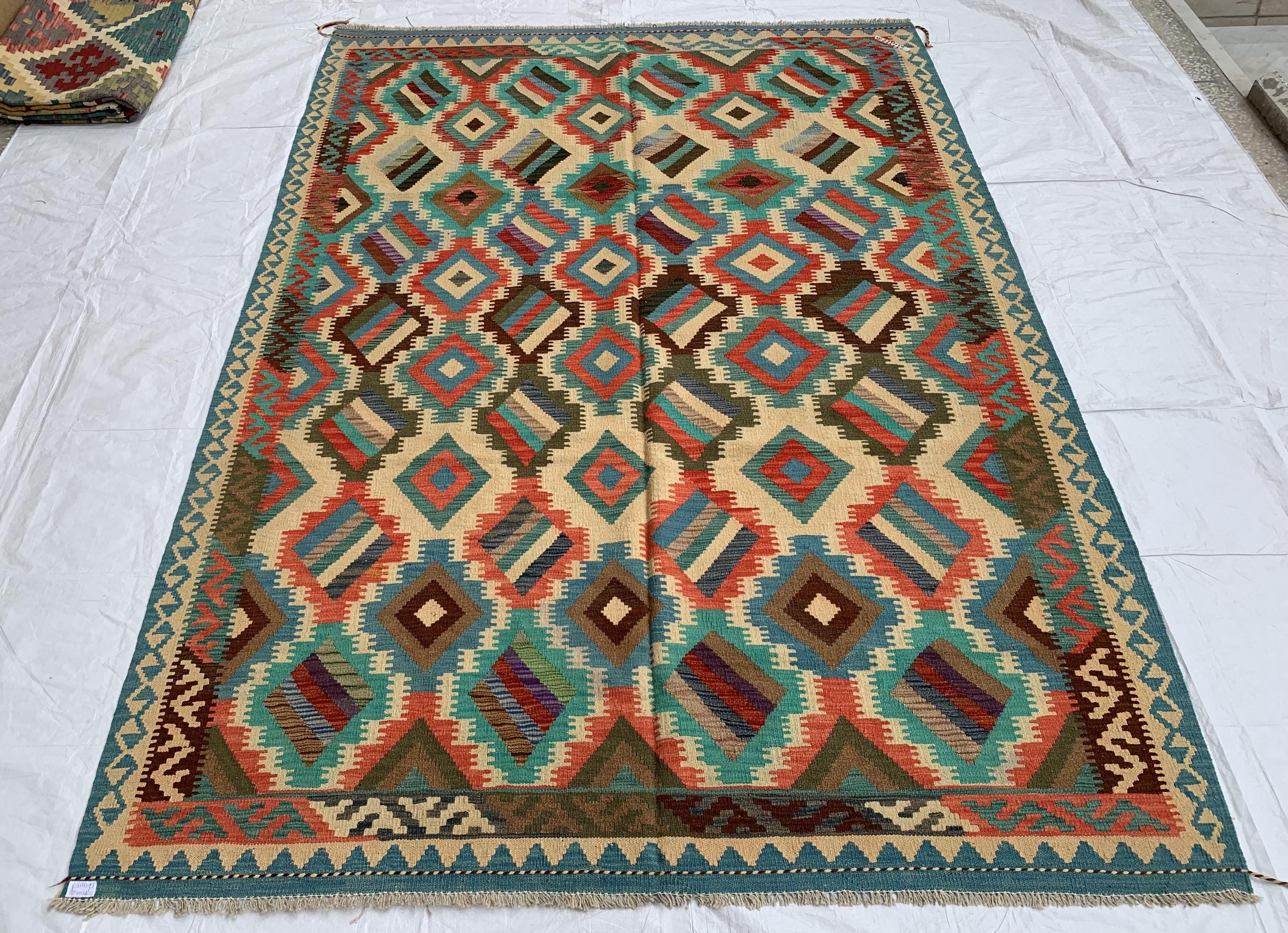 9'7x6'8ft Large Chobi Kilim Multicolor Rug – Turkmen Handwoven Wool Area Rug, Tribal Afghan Flatweave Carpet, Boho Living Room Floor Decor