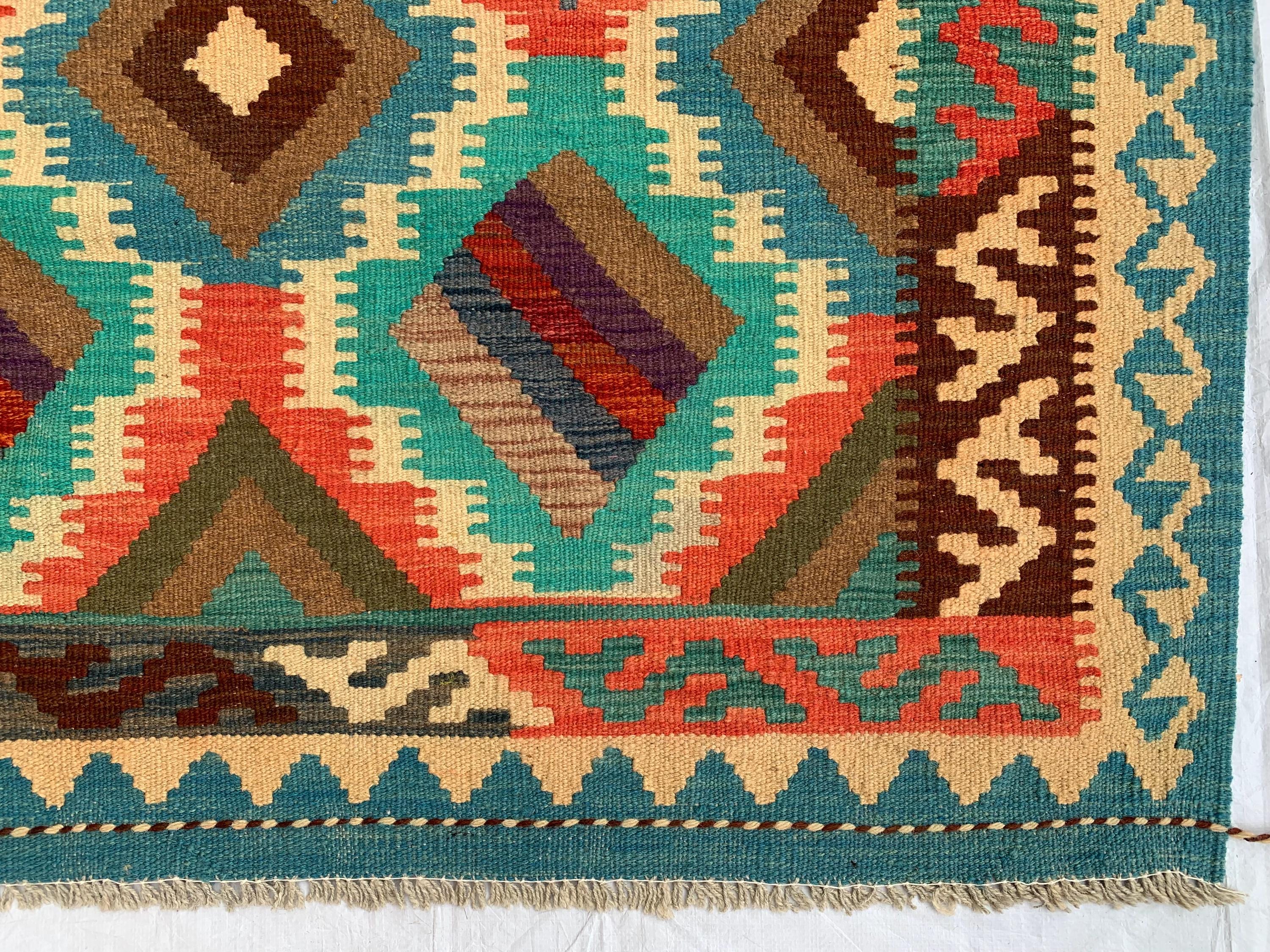 9'7x6'8ft Large Chobi Kilim Multicolor Rug – Turkmen Handwoven Wool Area Rug, Tribal Afghan Flatweave Carpet, Boho Living Room Floor Decor