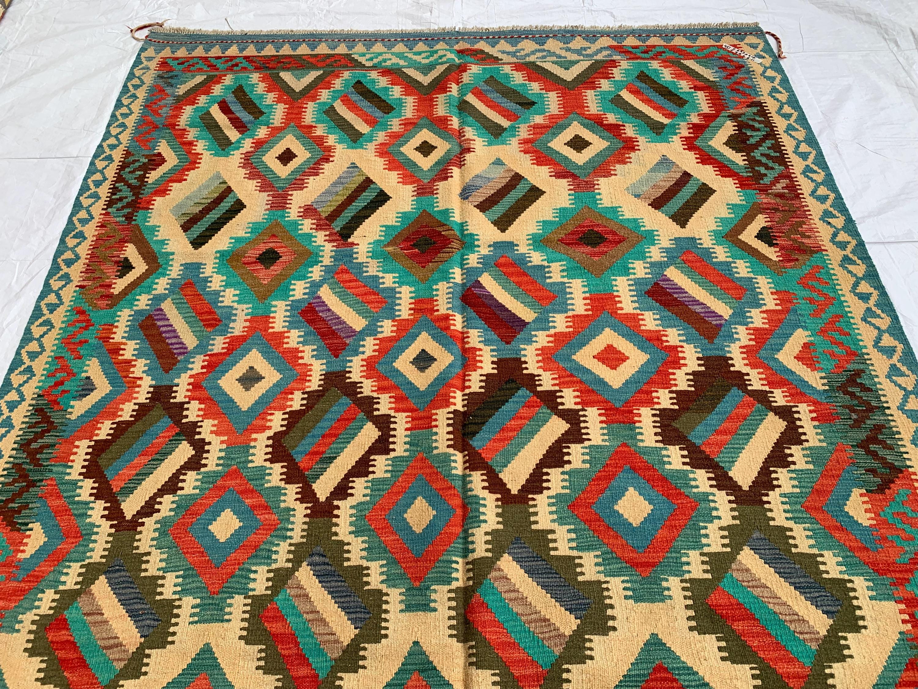 9'7x6'8ft Large Chobi Kilim Multicolor Rug – Turkmen Handwoven Wool Area Rug, Tribal Afghan Flatweave Carpet, Boho Living Room Floor Decor
