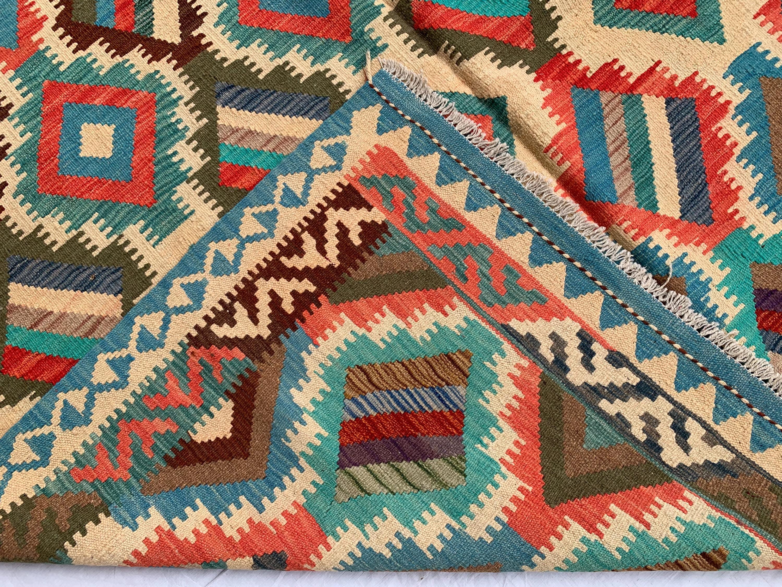 9'7x6'8ft Large Chobi Kilim Multicolor Rug – Turkmen Handwoven Wool Area Rug, Tribal Afghan Flatweave Carpet, Boho Living Room Floor Decor