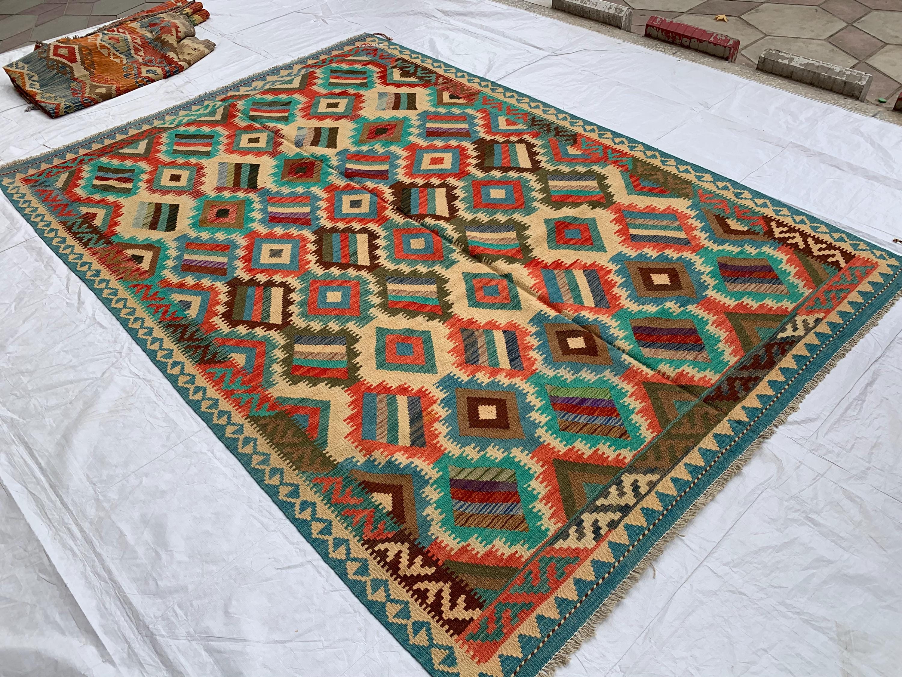 9'7x6'8ft Large Chobi Kilim Multicolor Rug – Turkmen Handwoven Wool Area Rug, Tribal Afghan Flatweave Carpet, Boho Living Room Floor Decor