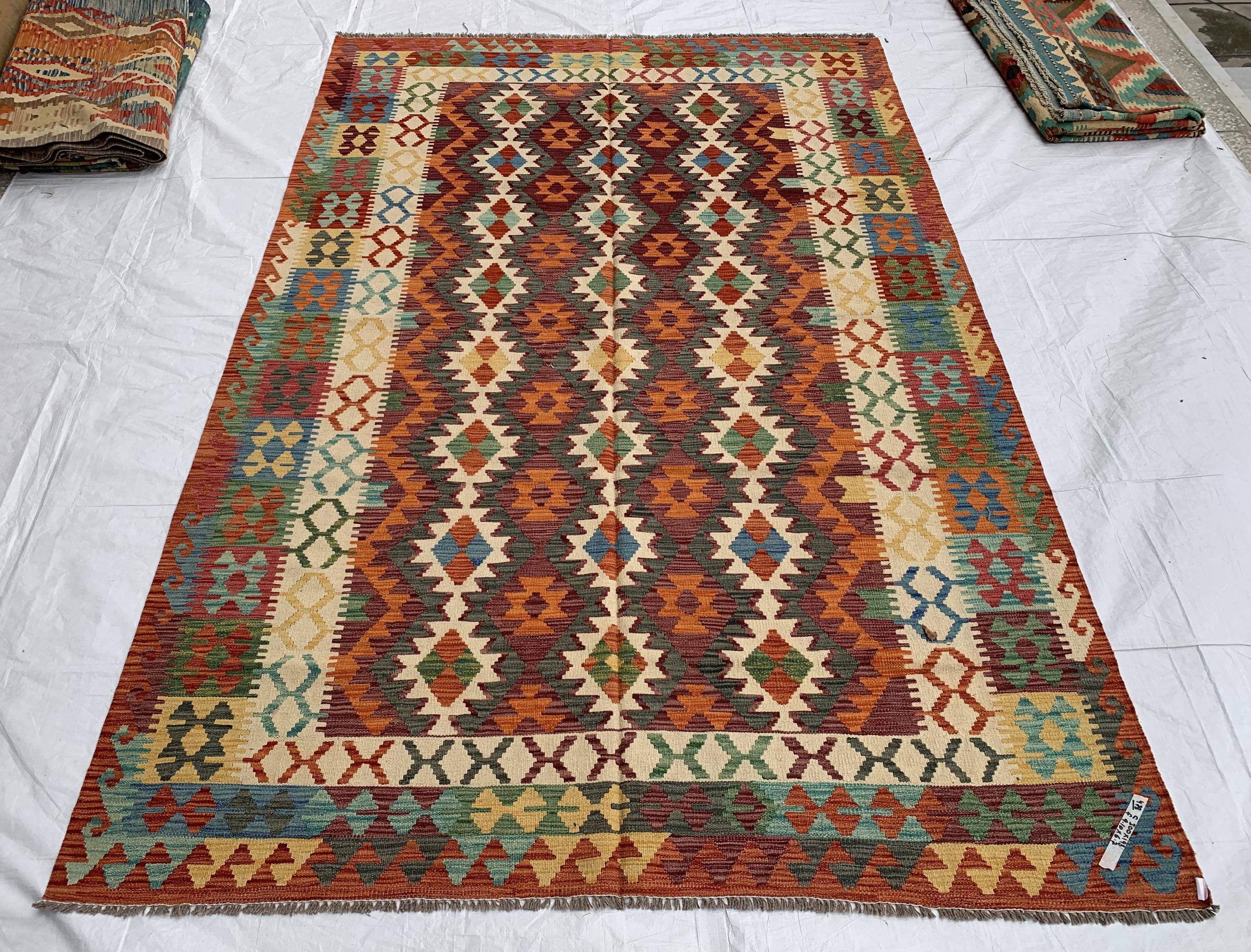 7x10ft Large Chobi Kilim Multicolor Rug – Turkmen Handwoven Wool Area Rug, Tribal Afghan Flatweave Carpet, Boho Living Room Floor Decor