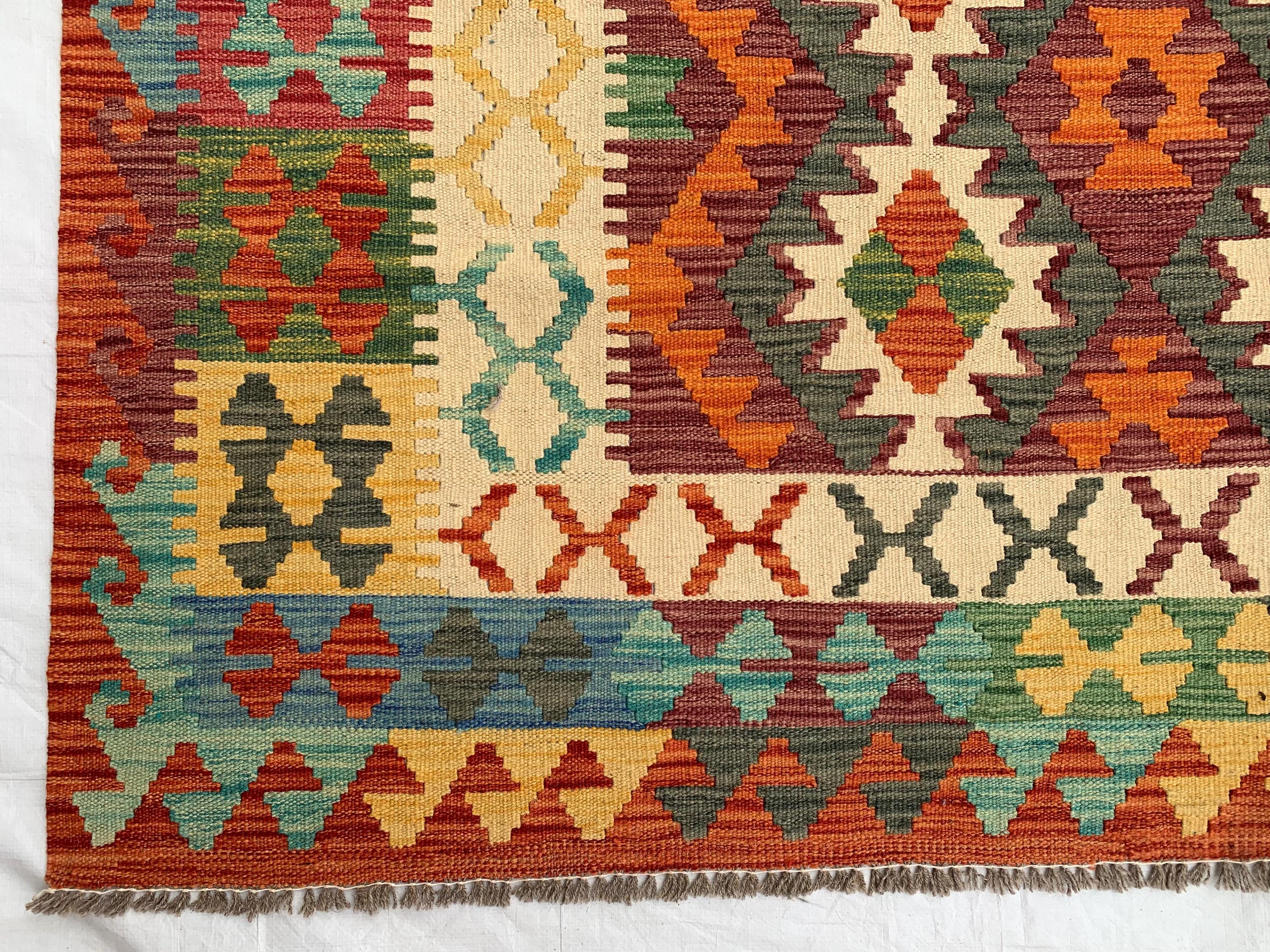 7x10ft Large Chobi Kilim Multicolor Rug – Turkmen Handwoven Wool Area Rug, Tribal Afghan Flatweave Carpet, Boho Living Room Floor Decor