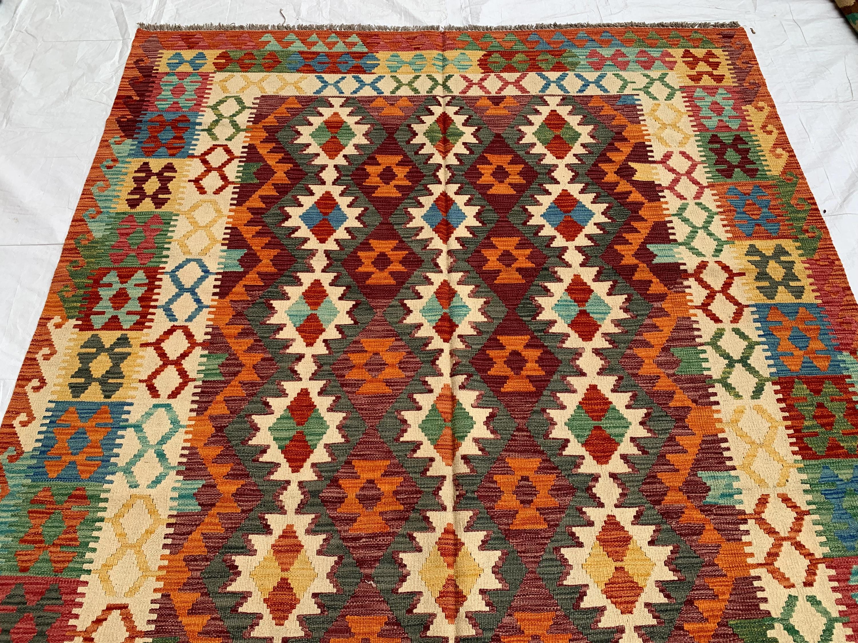 7x10ft Large Chobi Kilim Multicolor Rug – Turkmen Handwoven Wool Area Rug, Tribal Afghan Flatweave Carpet, Boho Living Room Floor Decor