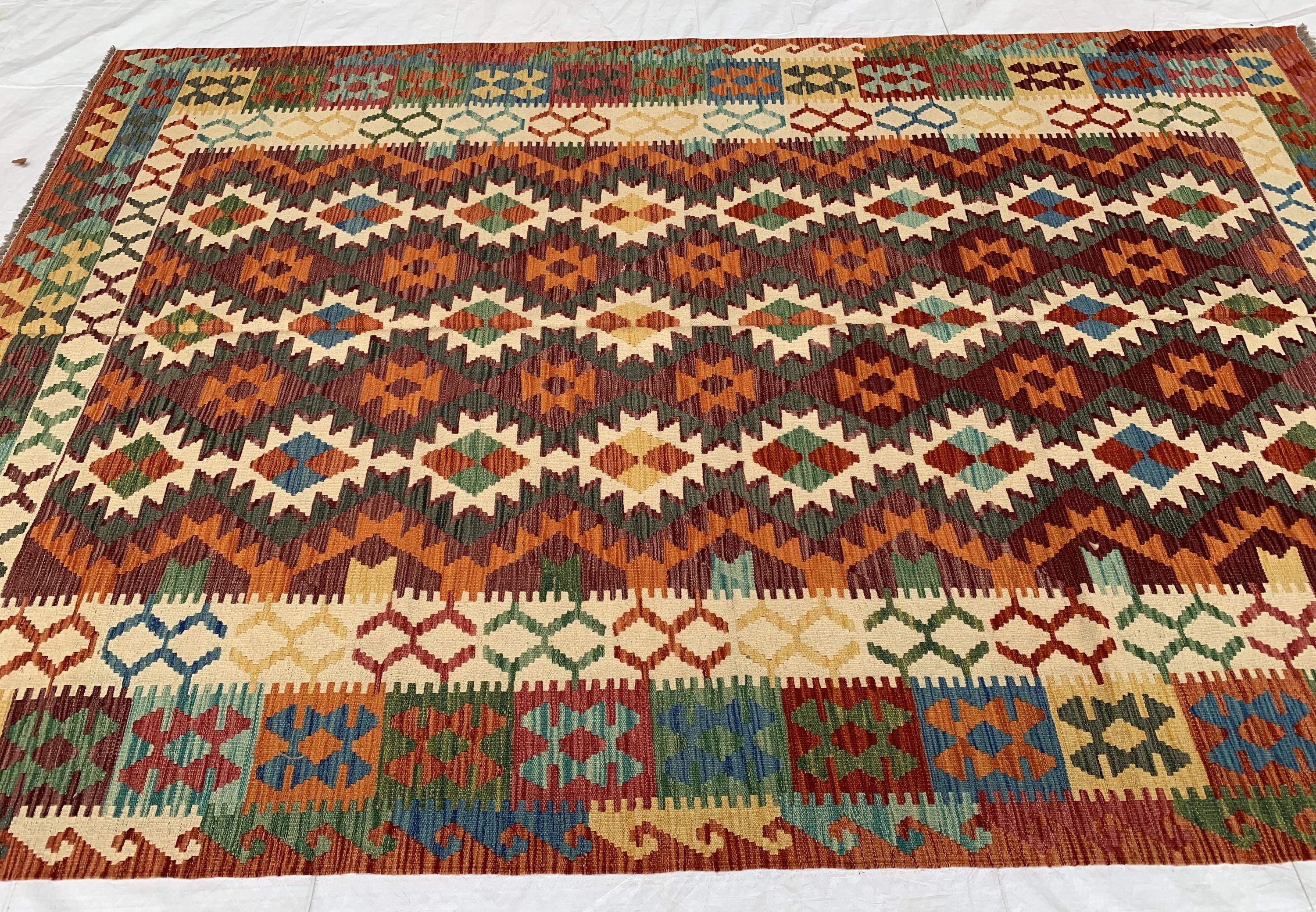 7x10ft Large Chobi Kilim Multicolor Rug – Turkmen Handwoven Wool Area Rug, Tribal Afghan Flatweave Carpet, Boho Living Room Floor Decor