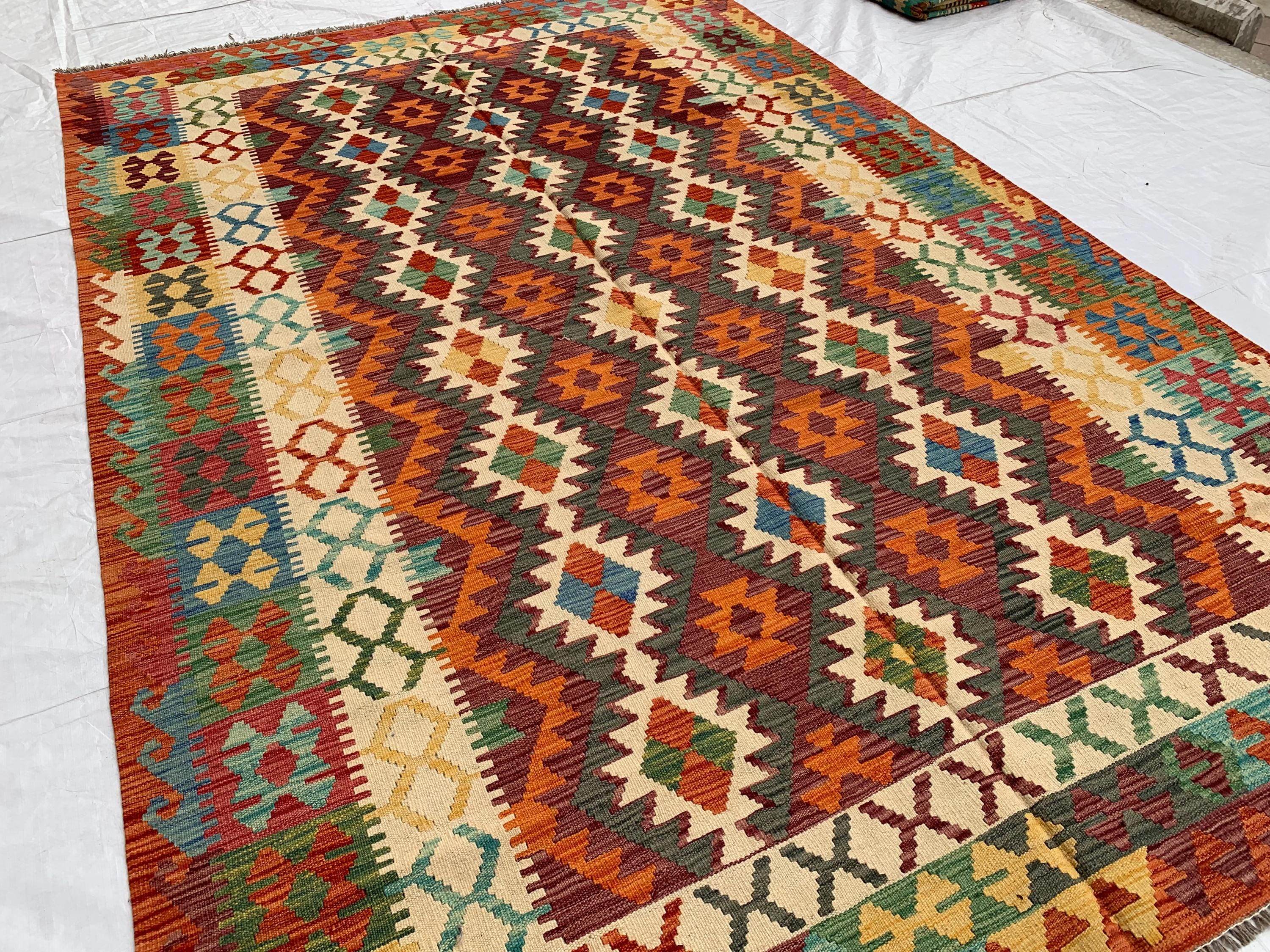 7x10ft Large Chobi Kilim Multicolor Rug – Turkmen Handwoven Wool Area Rug, Tribal Afghan Flatweave Carpet, Boho Living Room Floor Decor