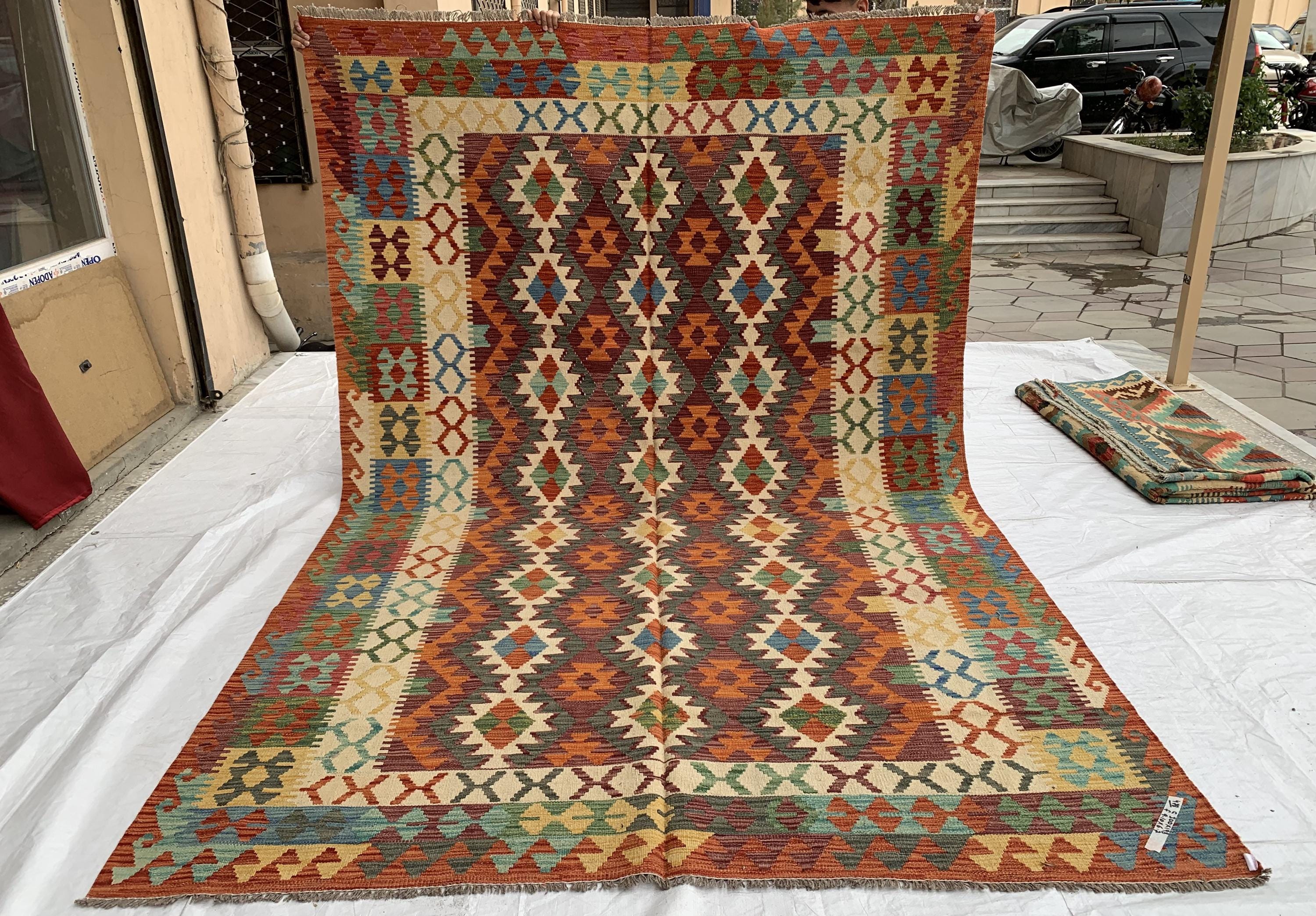 7x10ft Large Chobi Kilim Multicolor Rug – Turkmen Handwoven Wool Area Rug, Tribal Afghan Flatweave Carpet, Boho Living Room Floor Decor