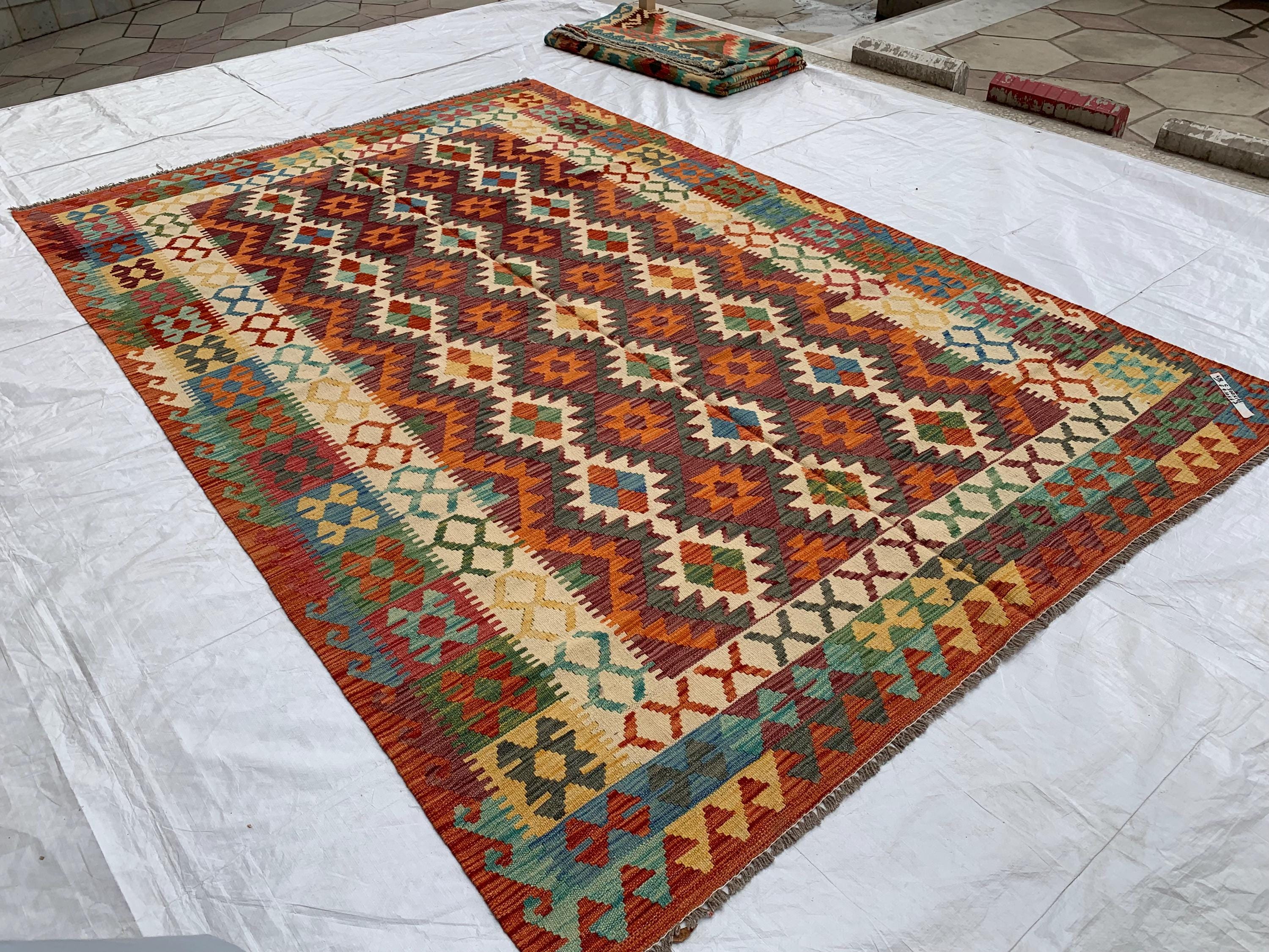 7x10ft Large Chobi Kilim Multicolor Rug – Turkmen Handwoven Wool Area Rug, Tribal Afghan Flatweave Carpet, Boho Living Room Floor Decor