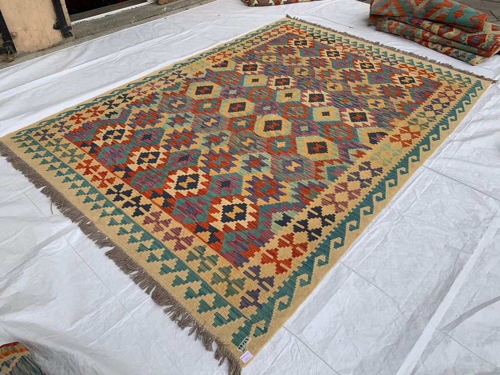 7x10ft Kilim Multicolor Rug – Large Handwoven Wool Area Rug, Tribal Afghan Flatweave Carpet, Boho decor, rug for living room 293x202 cm