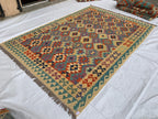 7x10ft Kilim Multicolor Rug – Large Handwoven Wool Area Rug, Tribal Afghan Flatweave Carpet, Boho decor, rug for living room 293x202 cm