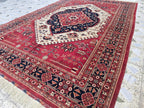 Heriz Rug 7x10ft – Persian Area Rug – Turkmen Large Tribal Rug – Red Black Geometric Carpet – Oriental Wool Rug – Boho Living Room Decor