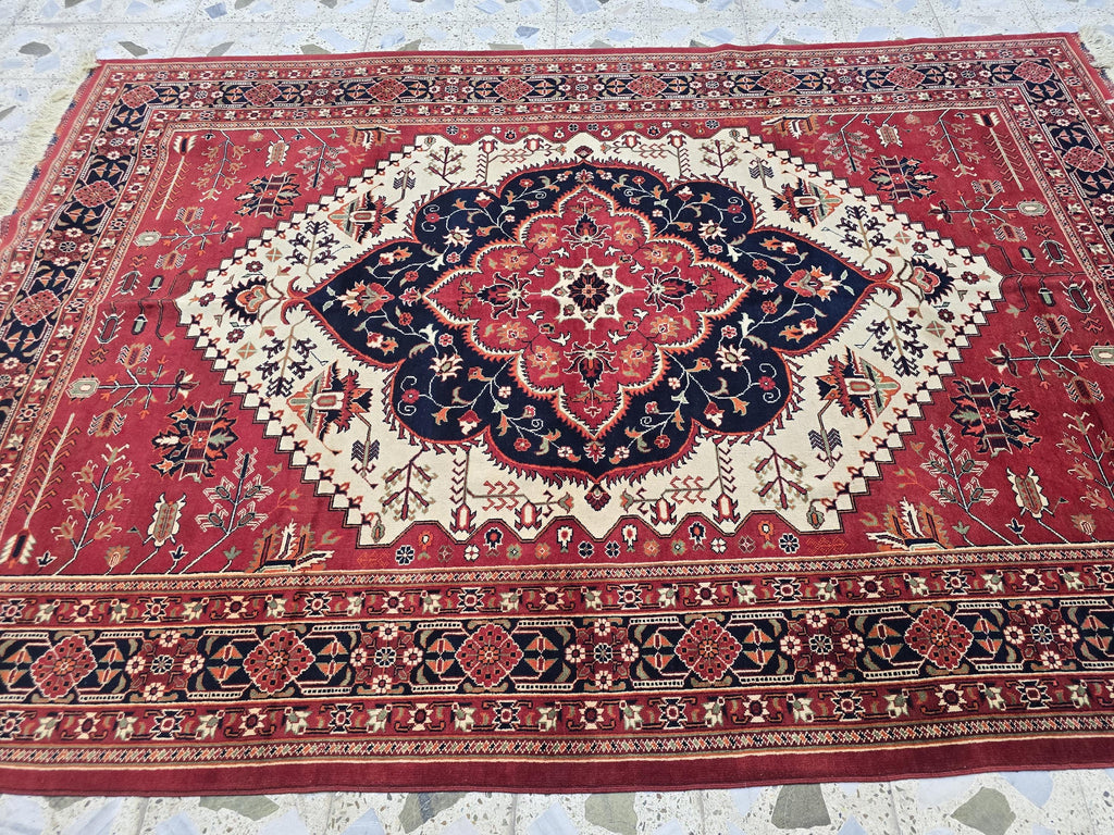 Heriz Rug 7x10ft – Persian Area Rug – Turkmen Large Tribal Rug – Red Black Geometric Carpet – Oriental Wool Rug – Boho Living Room Decor