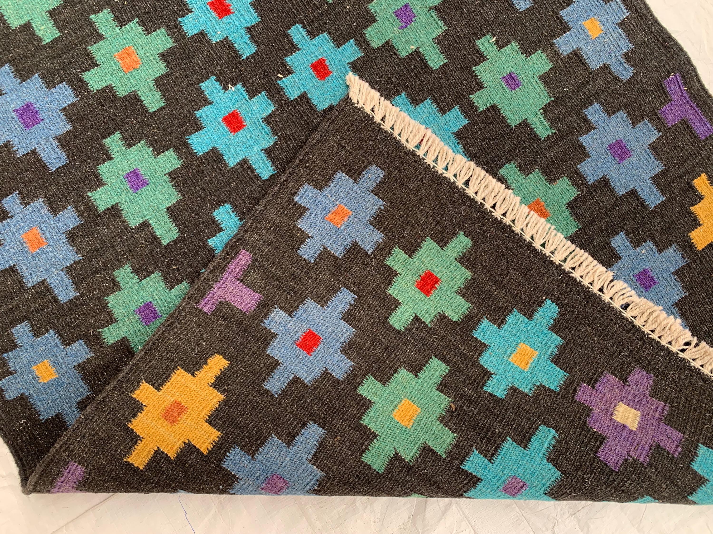 3x7ft, Handwoven Afghan Kilim Runner Rug – Geometric Tribal Pattern, Multicolor on Black, Wool Flatweave Hallway Rug, Kitchen Rug, 199x81cm
