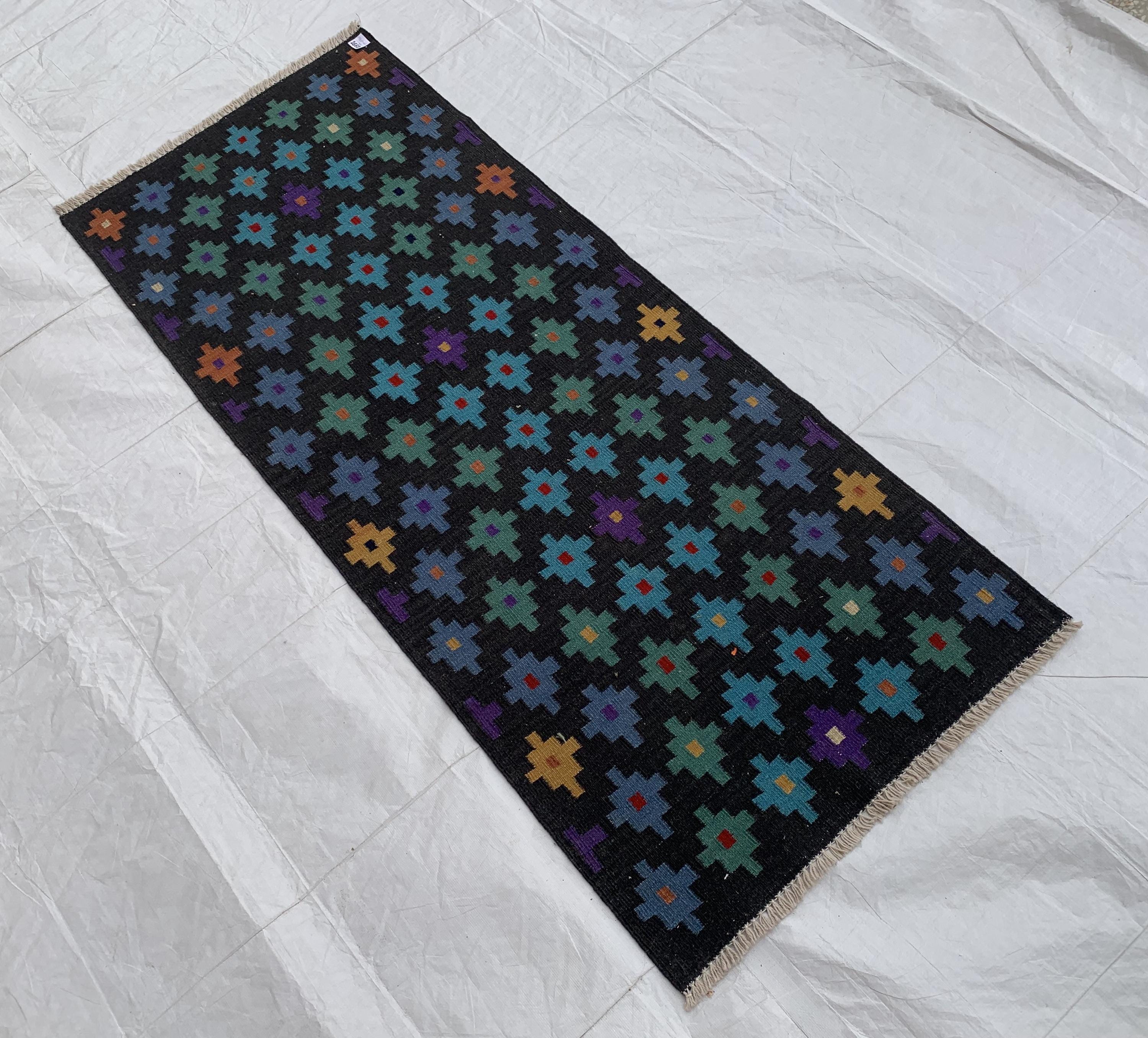 3x7ft, Handwoven Afghan Kilim Runner Rug – Geometric Tribal Pattern, Multicolor on Black, Wool Flatweave Hallway Rug, Kitchen Rug, 199x81cm
