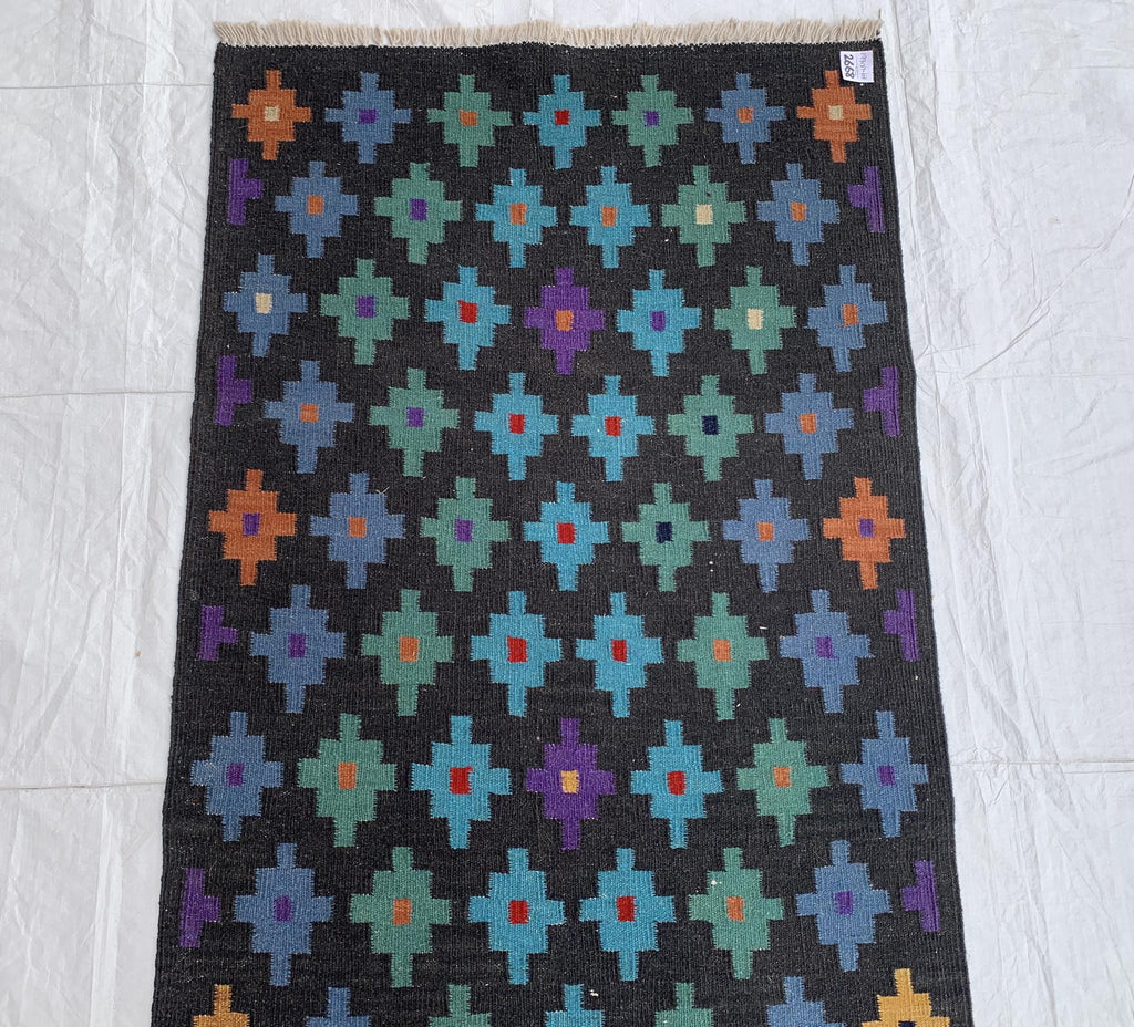 3x7ft, Handwoven Afghan Kilim Runner Rug – Geometric Tribal Pattern, Multicolor on Black, Wool Flatweave Hallway Rug, Kitchen Rug, 199x81cm