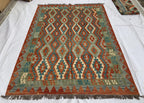 7x10ft, Large flatweave Afghan Kilim Rug, Turkmen Handmade Wool Area Rug, Green and Red Rug, Rug for Living Room, Bedroom Rug 283 x 206 cm