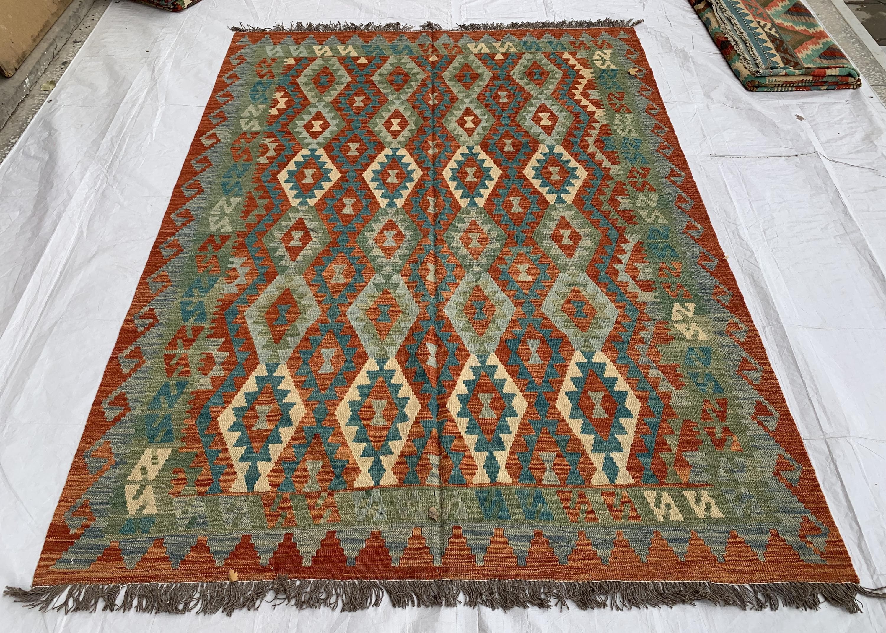 7x10ft, Large flatweave Afghan Kilim Rug, Turkmen Handmade Wool Area Rug, Green and Red Rug, Rug for Living Room, Bedroom Rug 283 x 206 cm