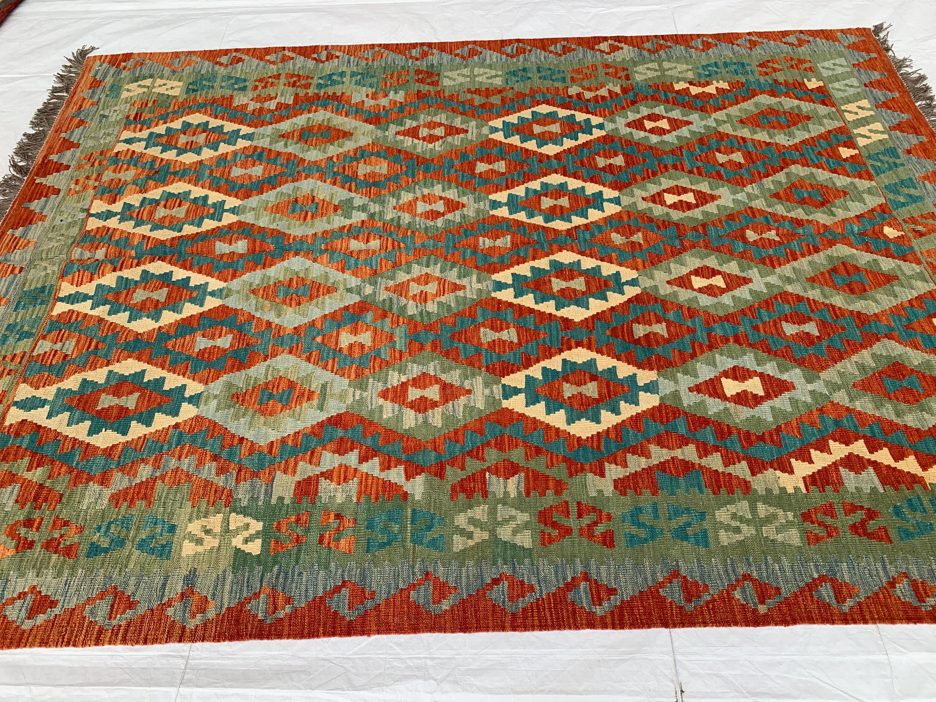 7x10ft, Large flatweave Afghan Kilim Rug, Turkmen Handmade Wool Area Rug, Green and Red Rug, Rug for Living Room, Bedroom Rug 283 x 206 cm
