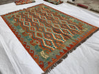 7x10ft, Large flatweave Afghan Kilim Rug, Turkmen Handmade Wool Area Rug, Green and Red Rug, Rug for Living Room, Bedroom Rug 283 x 206 cm