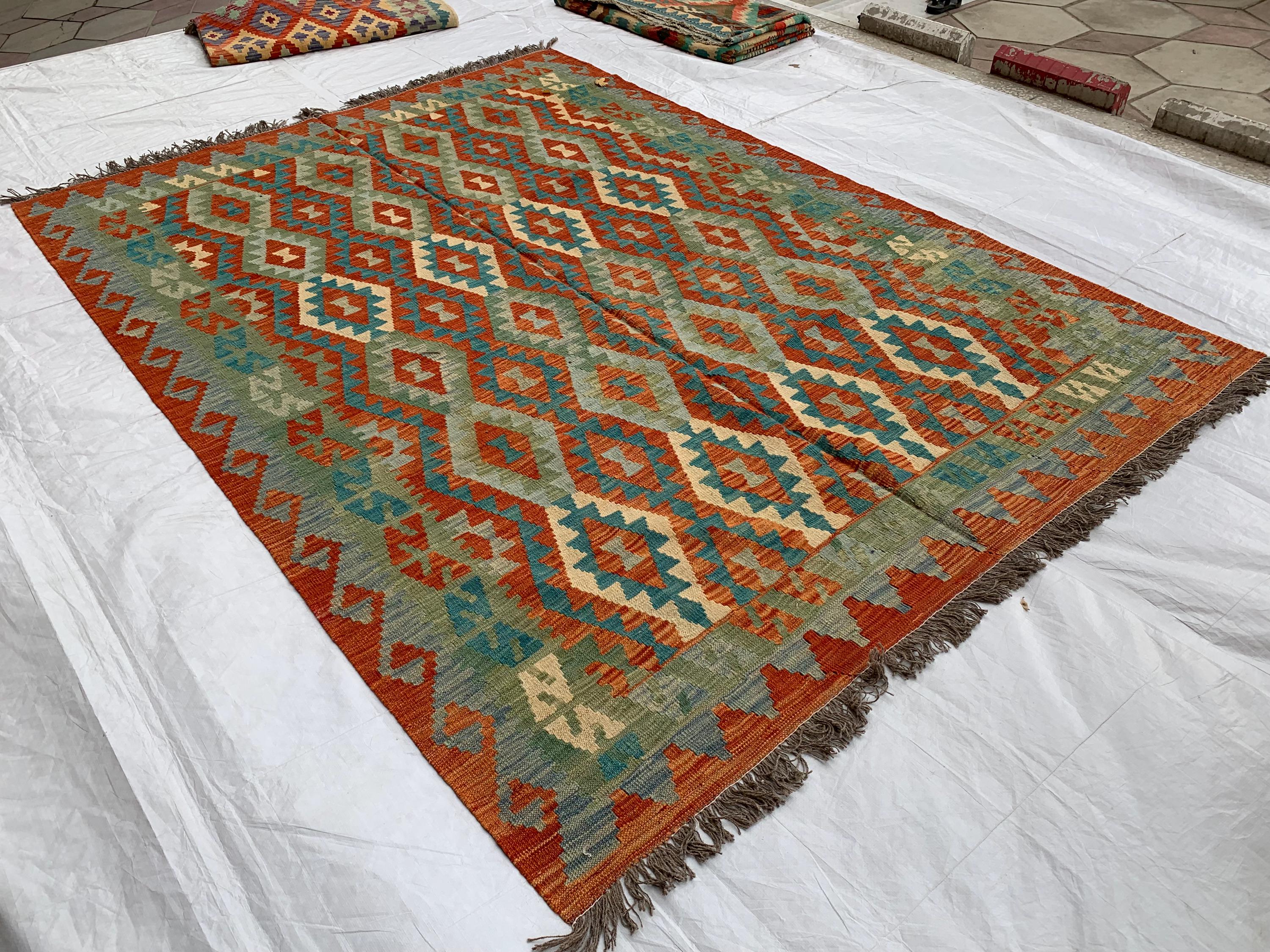 7x10ft, Large flatweave Afghan Kilim Rug, Turkmen Handmade Wool Area Rug, Green and Red Rug, Rug for Living Room, Bedroom Rug 283 x 206 cm