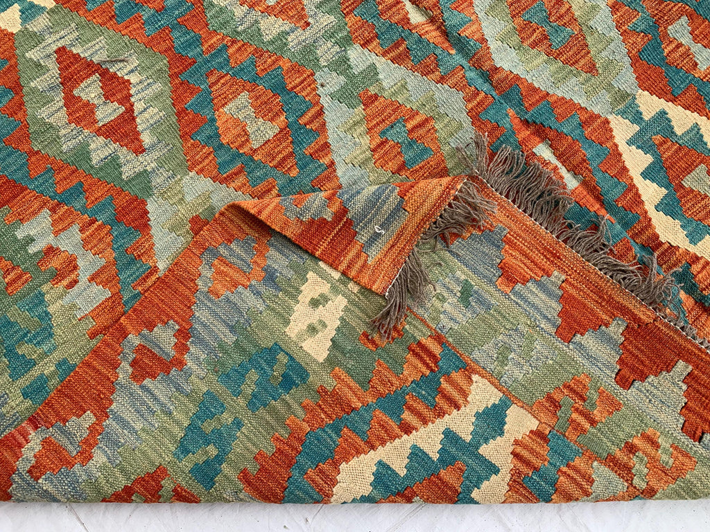 7x10ft, Large flatweave Afghan Kilim Rug, Turkmen Handmade Wool Area Rug, Green and Red Rug, Rug for Living Room, Bedroom Rug 283 x 206 cm
