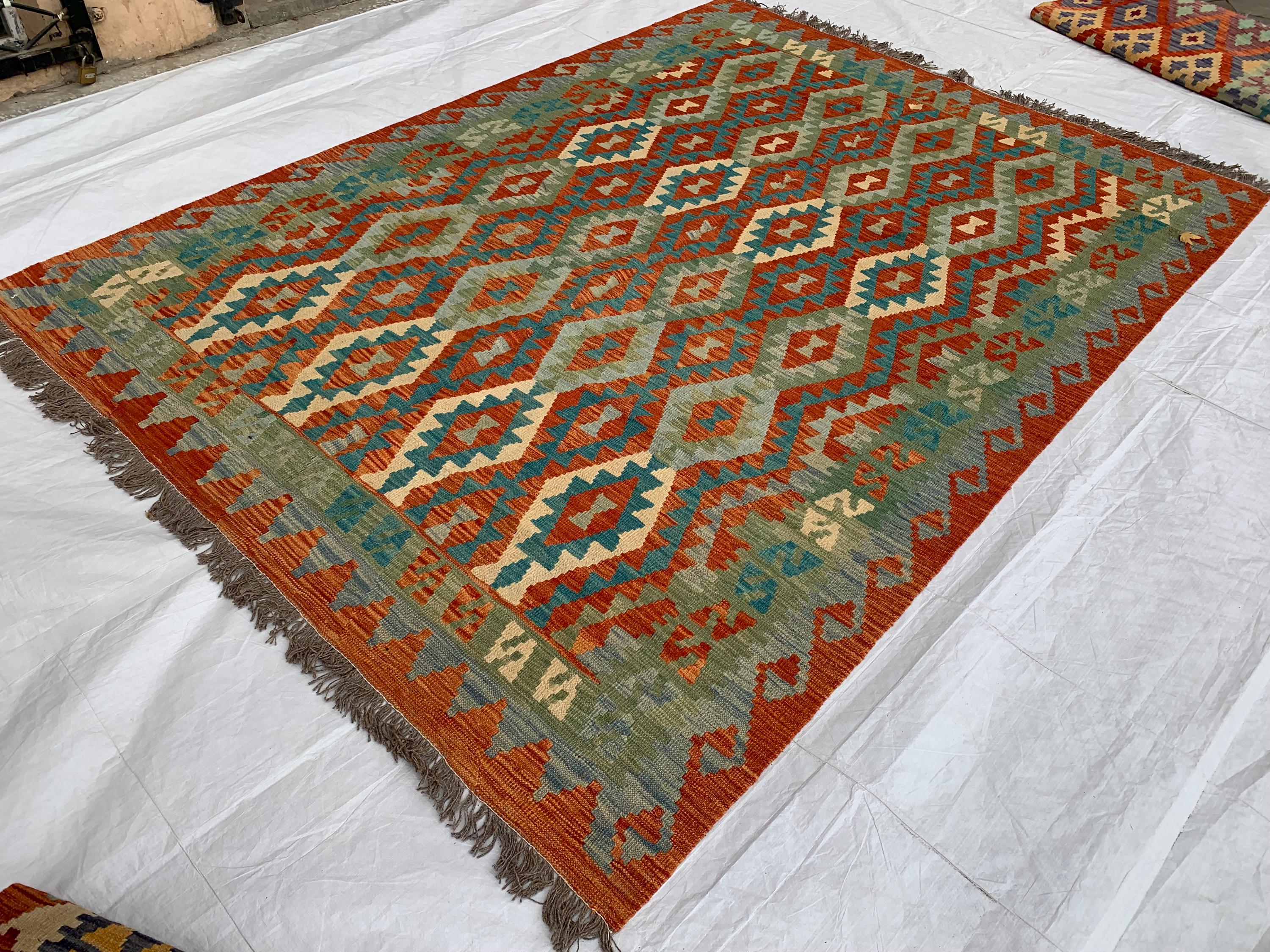 7x10ft, Large flatweave Afghan Kilim Rug, Turkmen Handmade Wool Area Rug, Green and Red Rug, Rug for Living Room, Bedroom Rug 283 x 206 cm