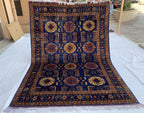 Navy Blue Beljik Rug 6x8ft – Hand-Knotted Afghan Wool Area Rug, Tribal Geometric Design, Oriental Carpet, Boho Home Decor, Living room rug