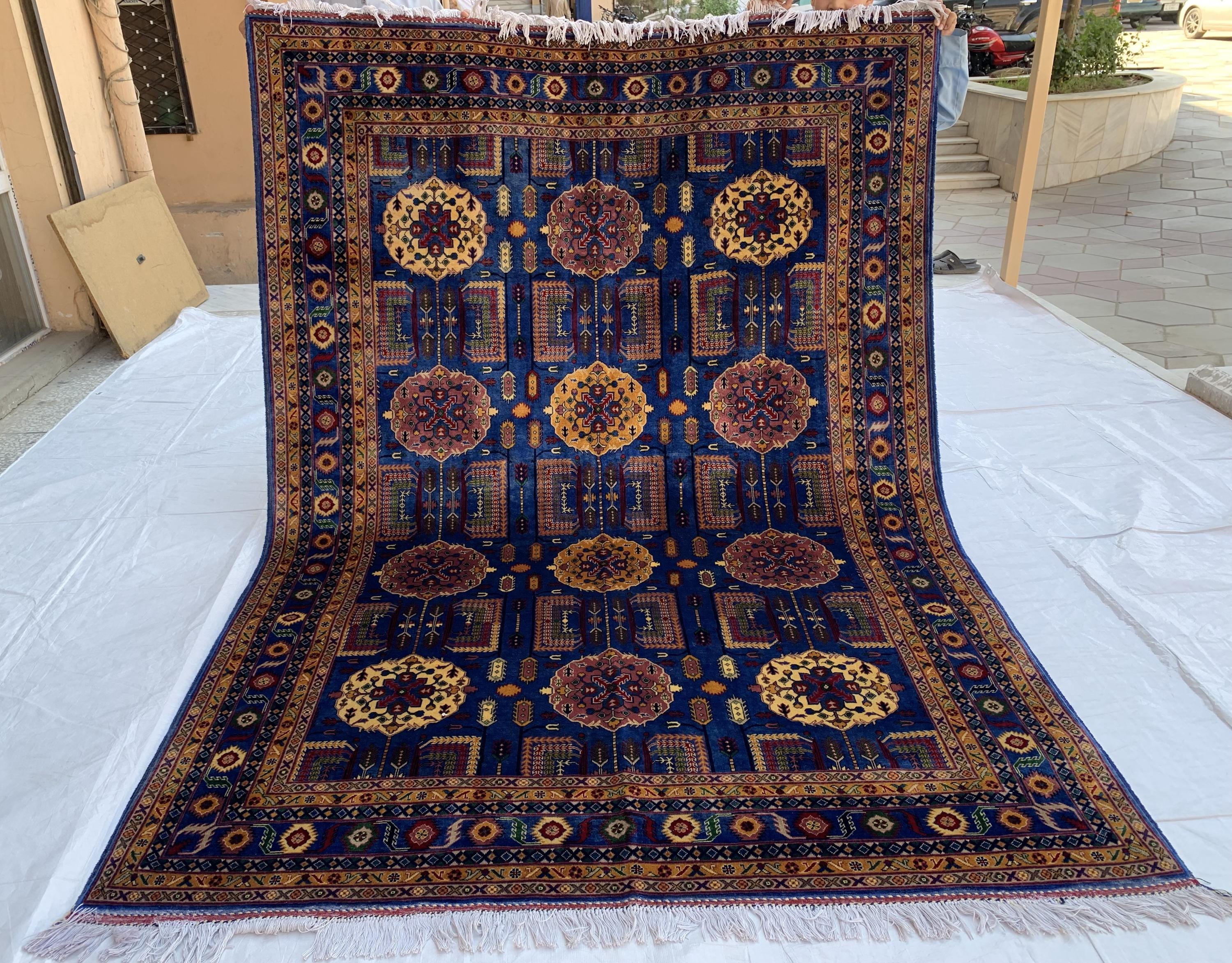 Navy Blue Beljik Rug 6x8ft – Hand-Knotted Afghan Wool Area Rug, Tribal Geometric Design, Oriental Carpet, Boho Home Decor, Living room rug