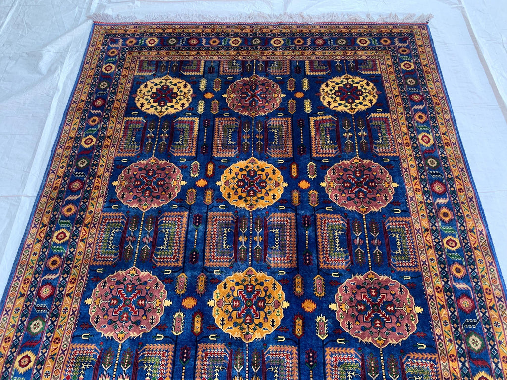 Navy Blue Beljik Rug 6x8ft – Hand-Knotted Afghan Wool Area Rug, Tribal Geometric Design, Oriental Carpet, Boho Home Decor, Living room rug
