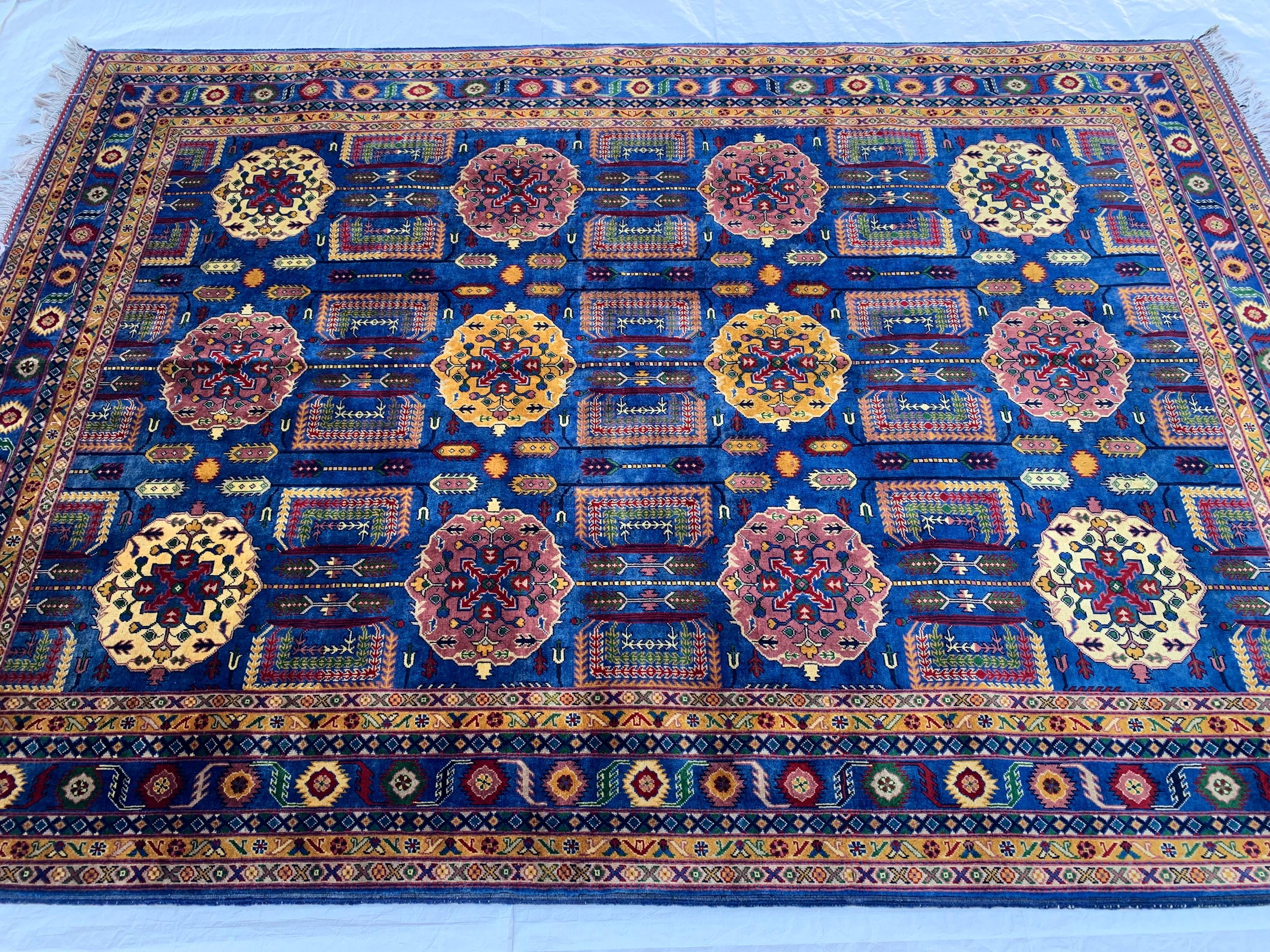 Navy Blue Beljik Rug 6x8ft – Hand-Knotted Afghan Wool Area Rug, Tribal Geometric Design, Oriental Carpet, Boho Home Decor, Living room rug