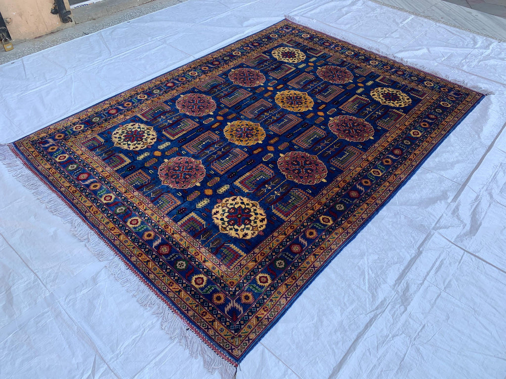 Navy Blue Beljik Rug 6x8ft – Hand-Knotted Afghan Wool Area Rug, Tribal Geometric Design, Oriental Carpet, Boho Home Decor, Living room rug
