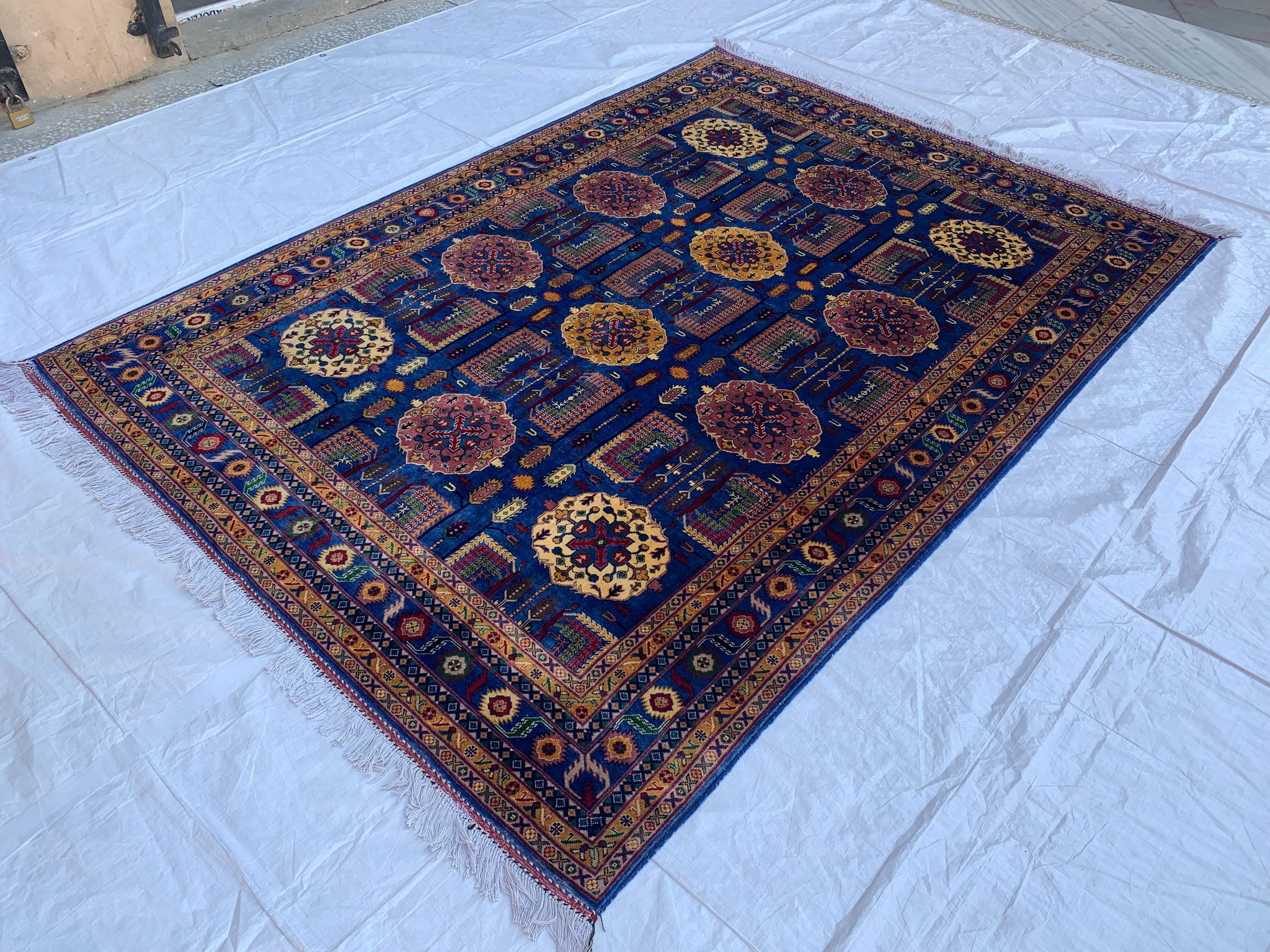 Navy Blue Beljik Rug 6x8ft – Hand-Knotted Afghan Wool Area Rug, Tribal Geometric Design, Oriental Carpet, Boho Home Decor, Living room rug