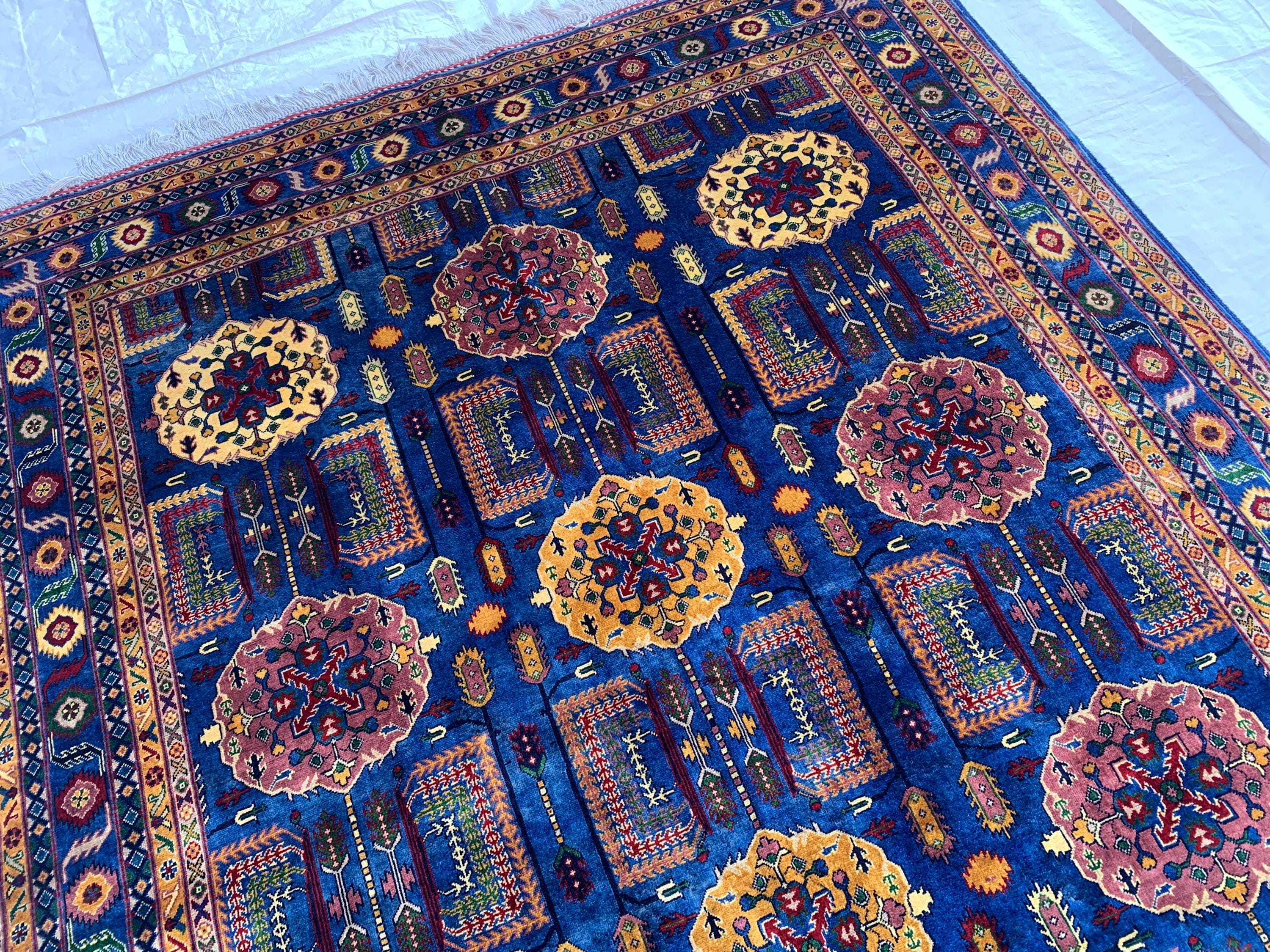 Navy Blue Beljik Rug 6x8ft – Hand-Knotted Afghan Wool Area Rug, Tribal Geometric Design, Oriental Carpet, Boho Home Decor, Living room rug