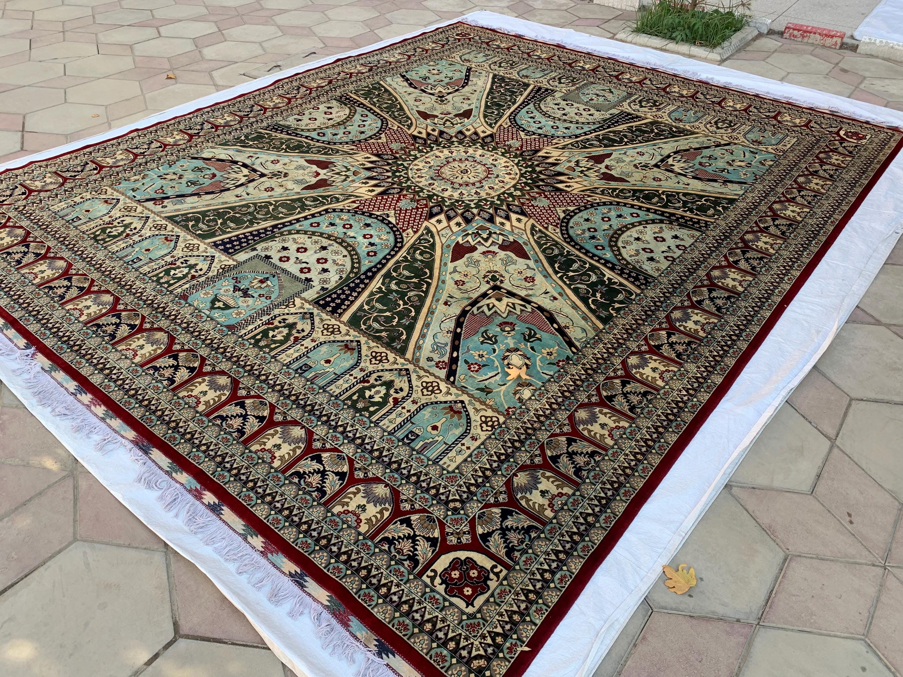 14x17ft Large Afghan Rug – Handmade Wool Carpet, Blue Green Cream Burgundy Colors, Oversized Oriental Rug, Traditional Geometric Floor Decor