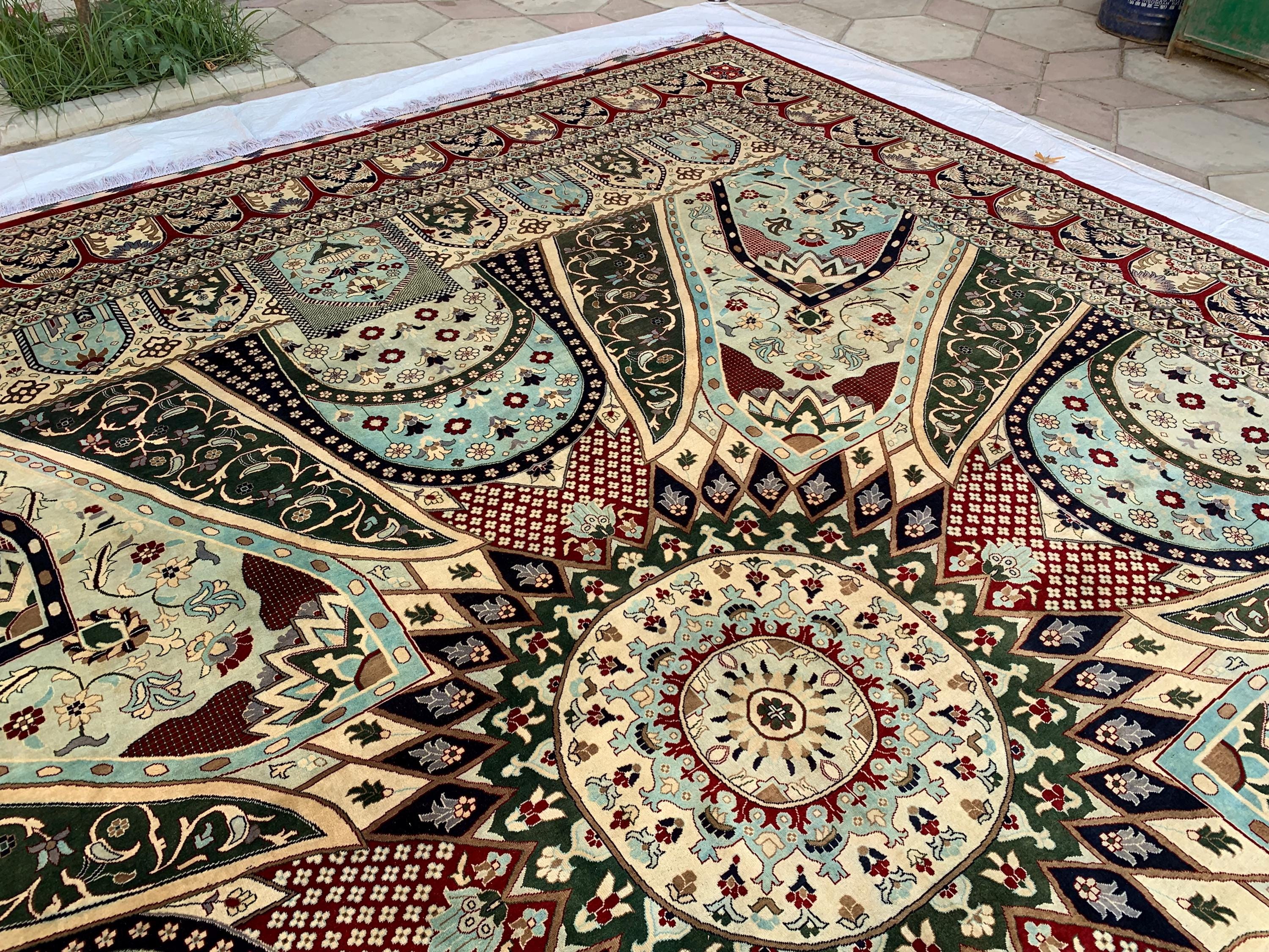 14x17ft Large Afghan Rug – Handmade Wool Carpet, Blue Green Cream Burgundy Colors, Oversized Oriental Rug, Traditional Geometric Floor Decor