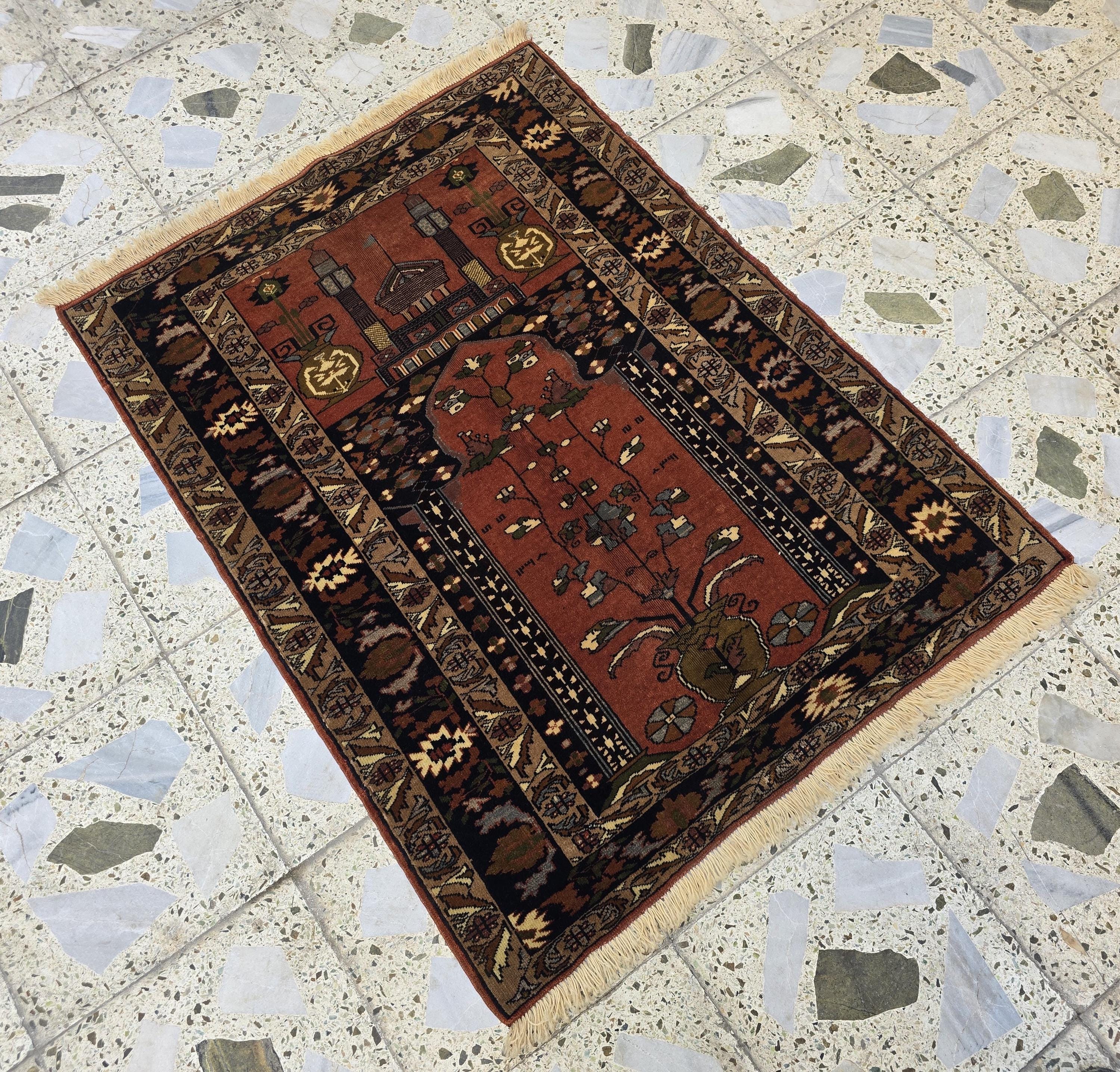 Handwoven Prayer Mat 3.6x2.6ft, Turkmen Wool Handmade Rugs, Wall Hanging Rug, Collectible Afghan Rug