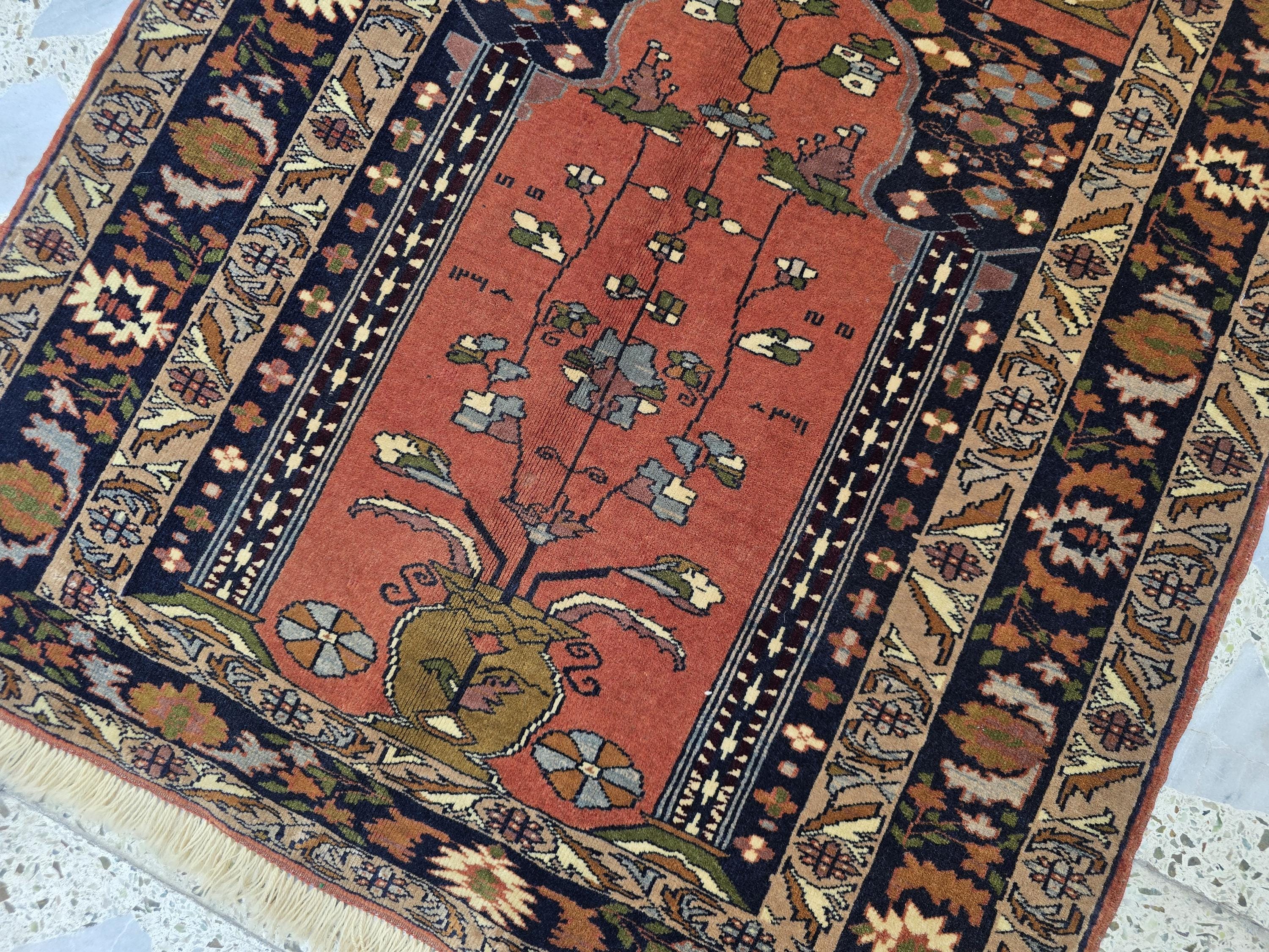 Handwoven Prayer Mat 3.6x2.6ft, Turkmen Wool Handmade Rugs, Wall Hanging Rug, Collectible Afghan Rug